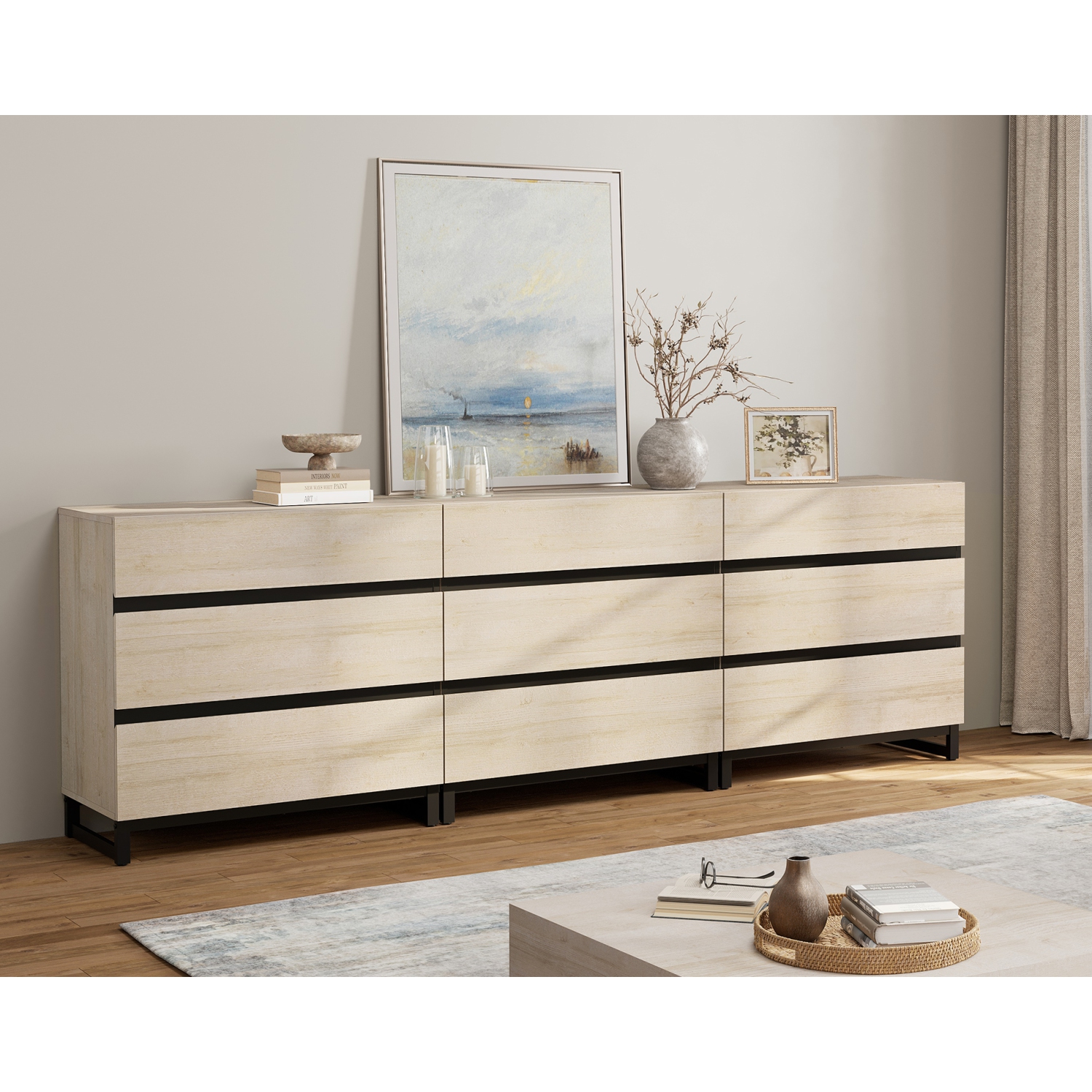 WAMPAT Dresser for Bedroom with 9 Drawers, 94.5" Wide Storage Organizer Chest of Drawers, Modern Wood Kid Dresser Baby Dresser for Living