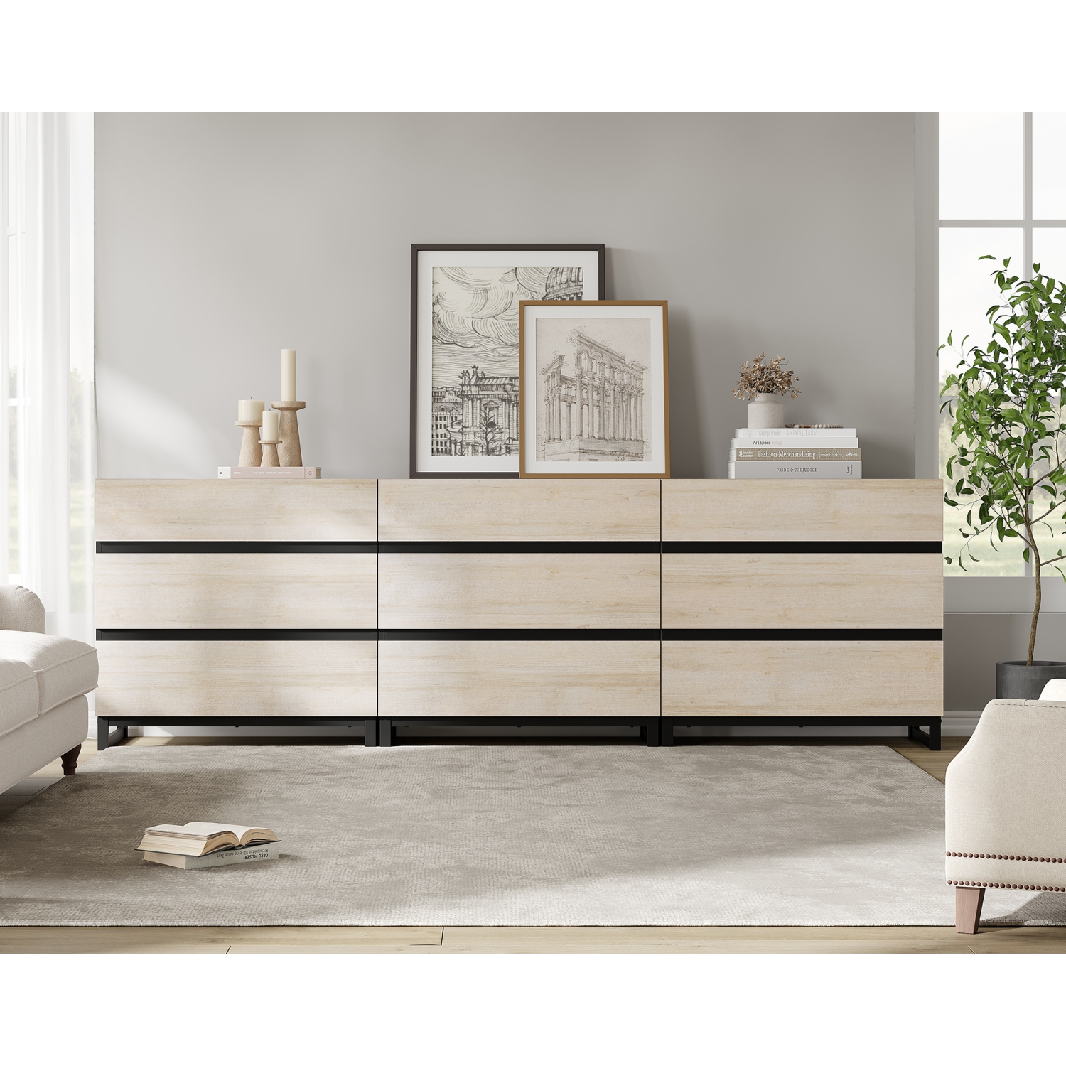 WAMPAT Dresser for Bedroom with 9 Drawers, 94.5" Wide Storage Organizer Chest of Drawers, Modern Wood Kid Dresser Baby Dresser for Living