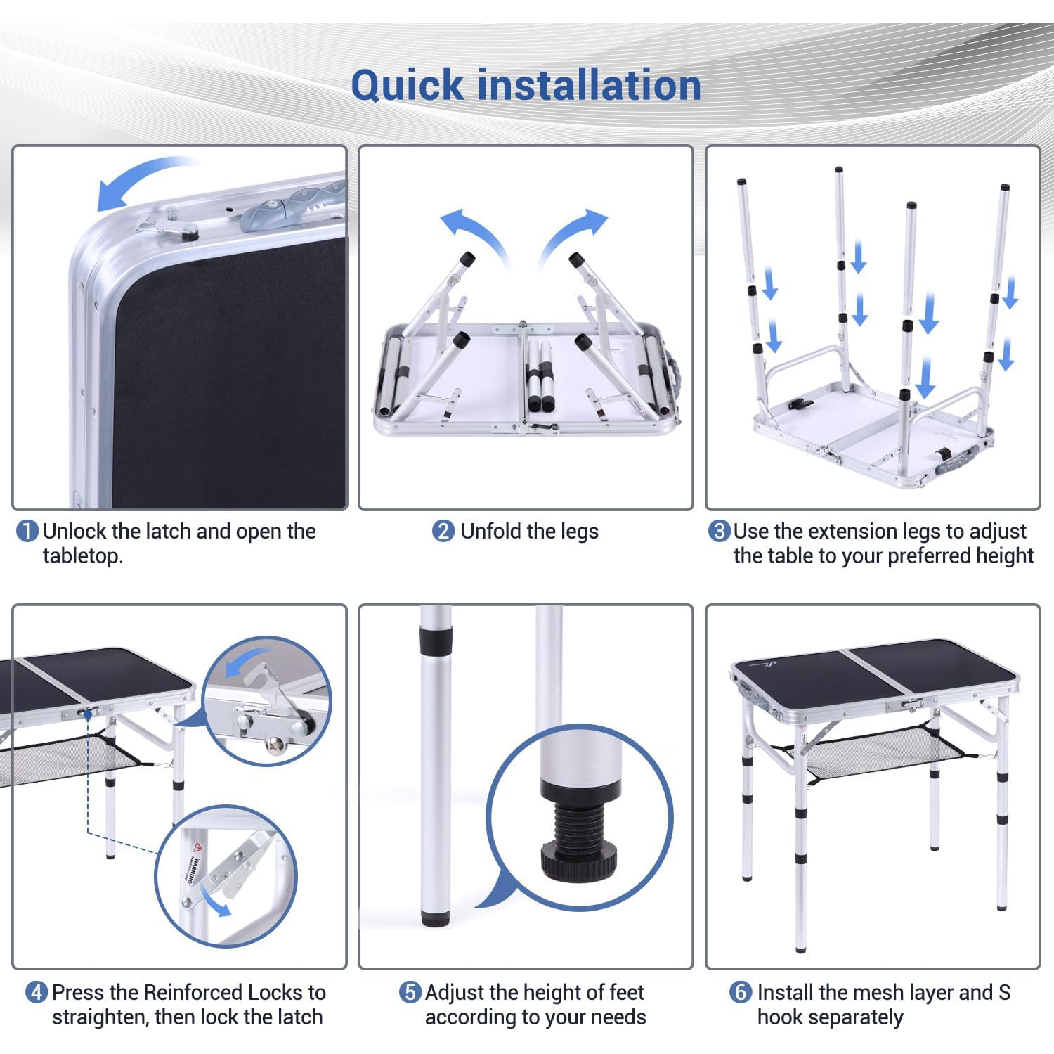Table de camping pliante de PetginHome, table pliante ajustable Table de camping portative avec couche en filet pour le camping, le pique-nique et le