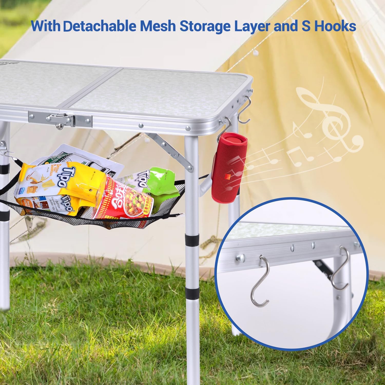 Table de camping pliante de PetginHome, table pliante ajustable Table de camping portative avec couche en filet pour le camping, le pique-nique et le