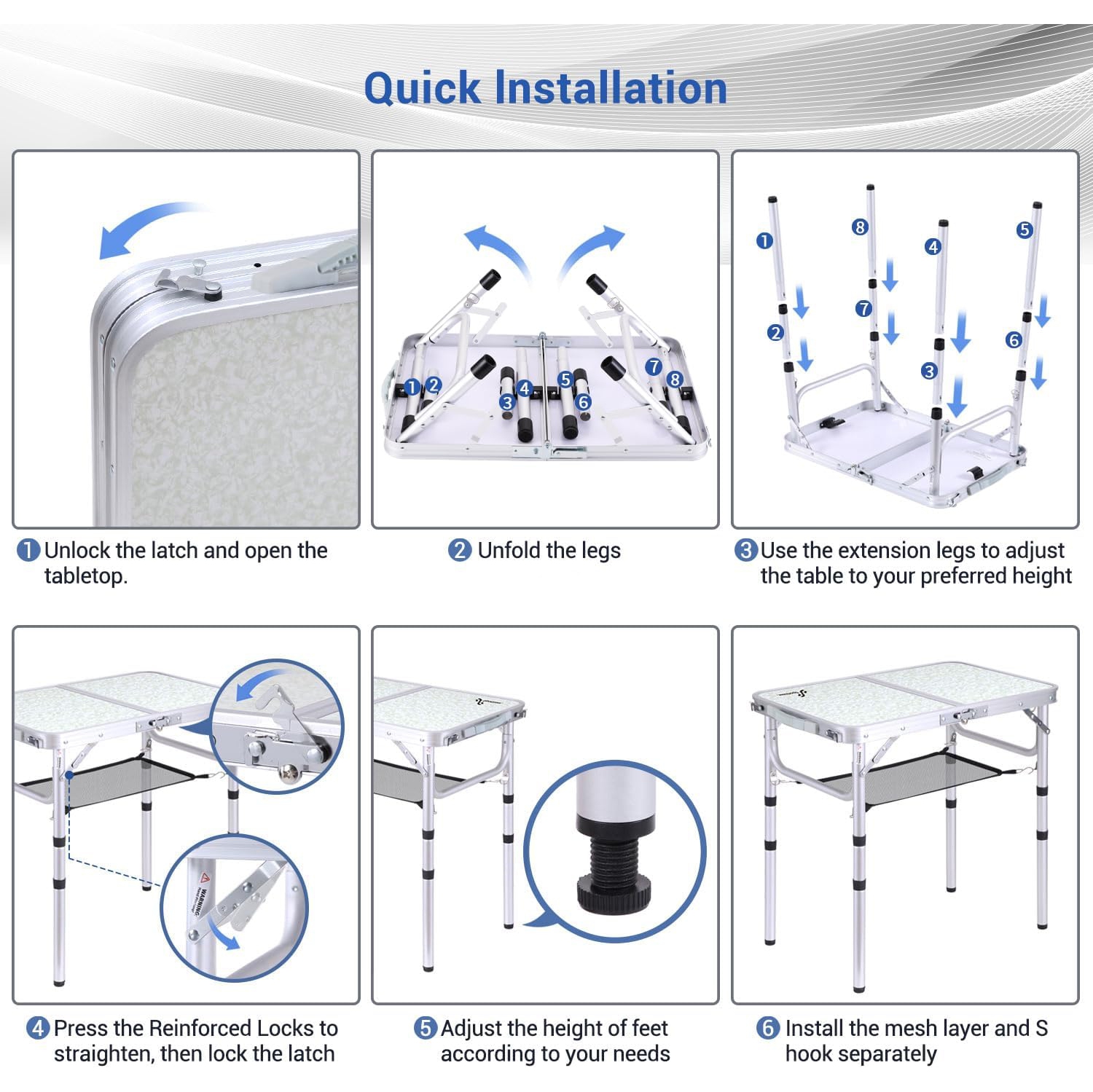 Table de camping pliante de PetginHome, table pliante ajustable Table de camping portative avec couche en filet pour le camping, le pique-nique et le