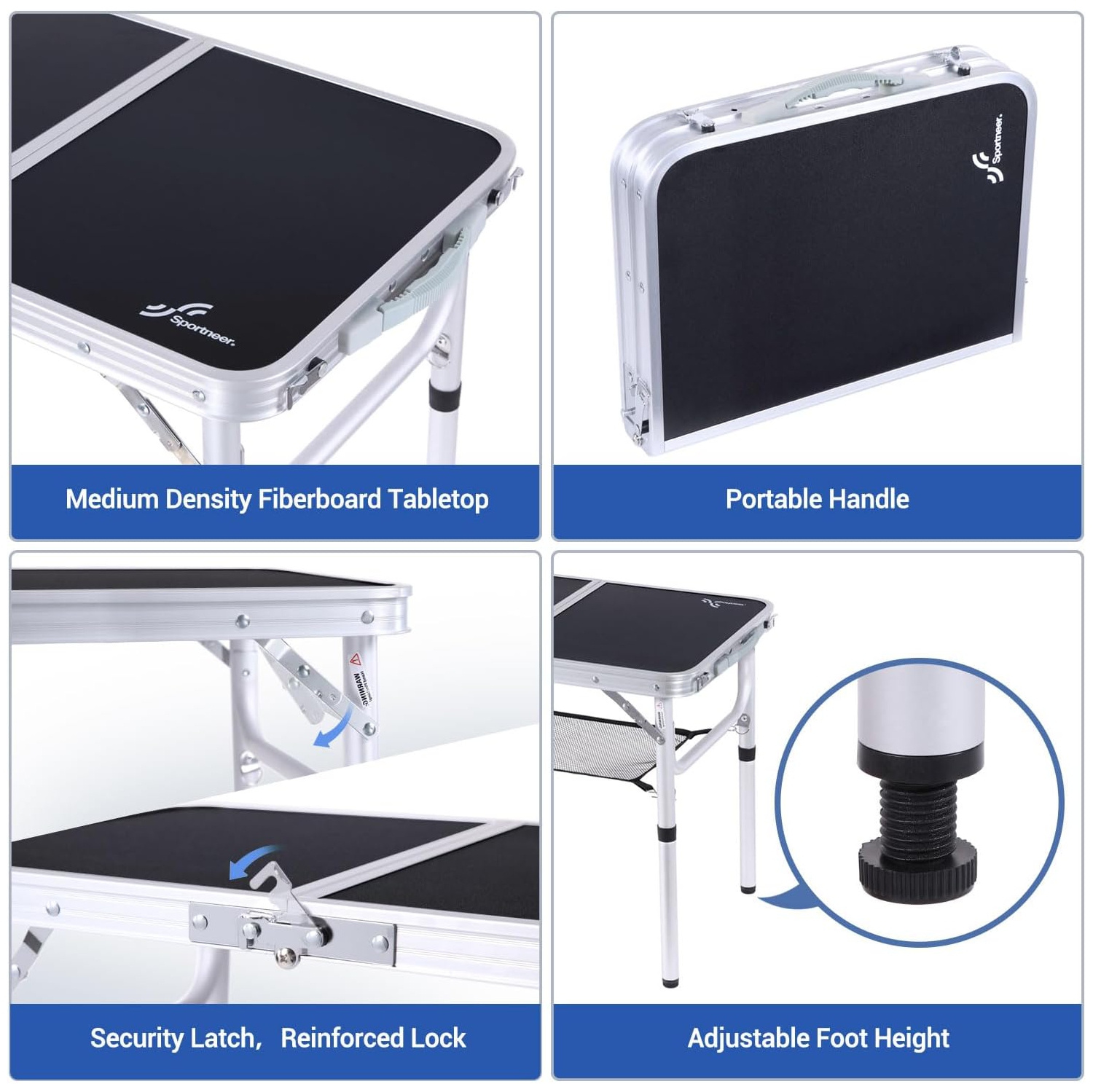 Table de camping pliante de PetginHome, table pliante ajustable Table de camping portative avec couche en filet pour le camping, le pique-nique et le