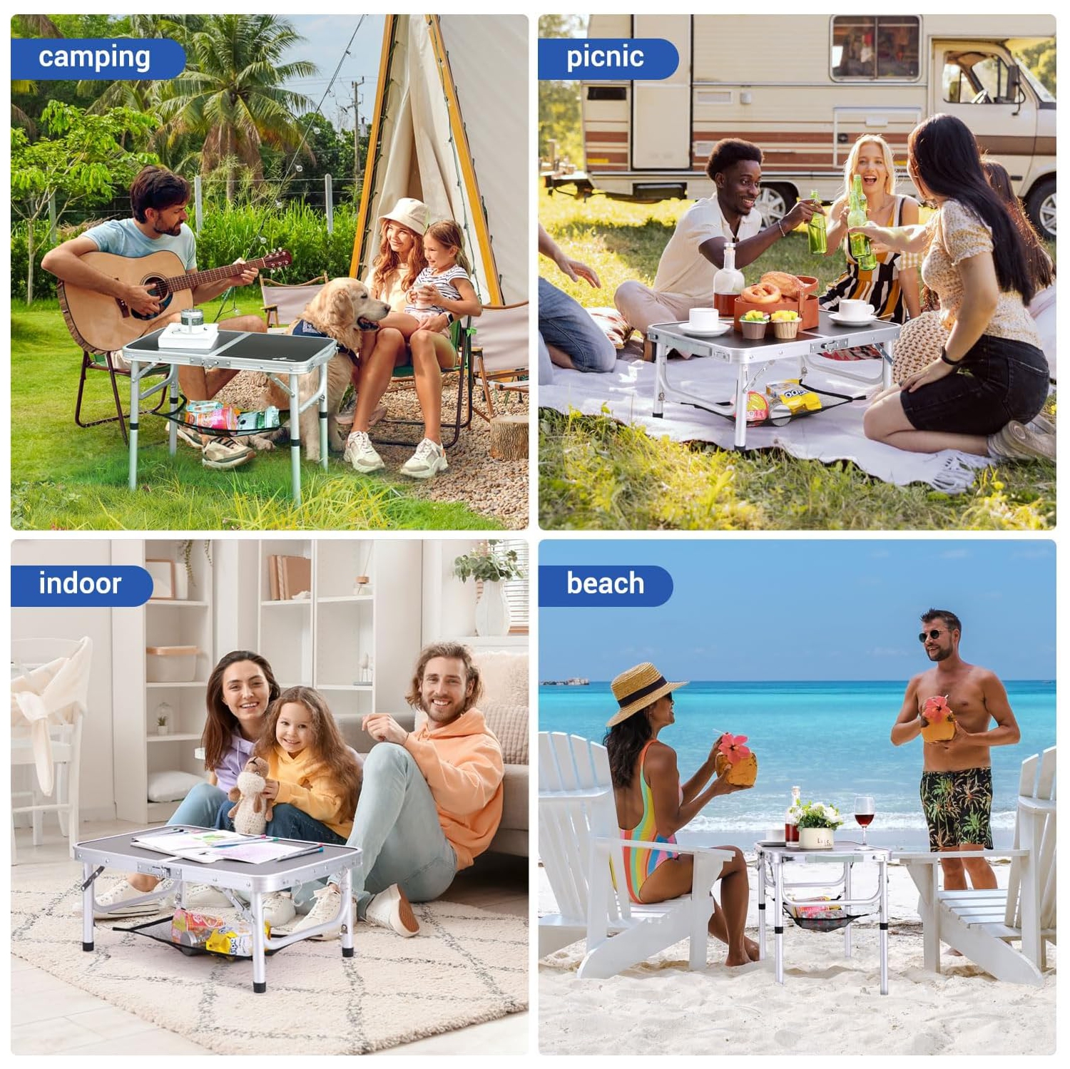 Table de camping pliante de PetginHome, table pliante ajustable Table de camping portative avec couche en filet pour le camping, le pique-nique et le