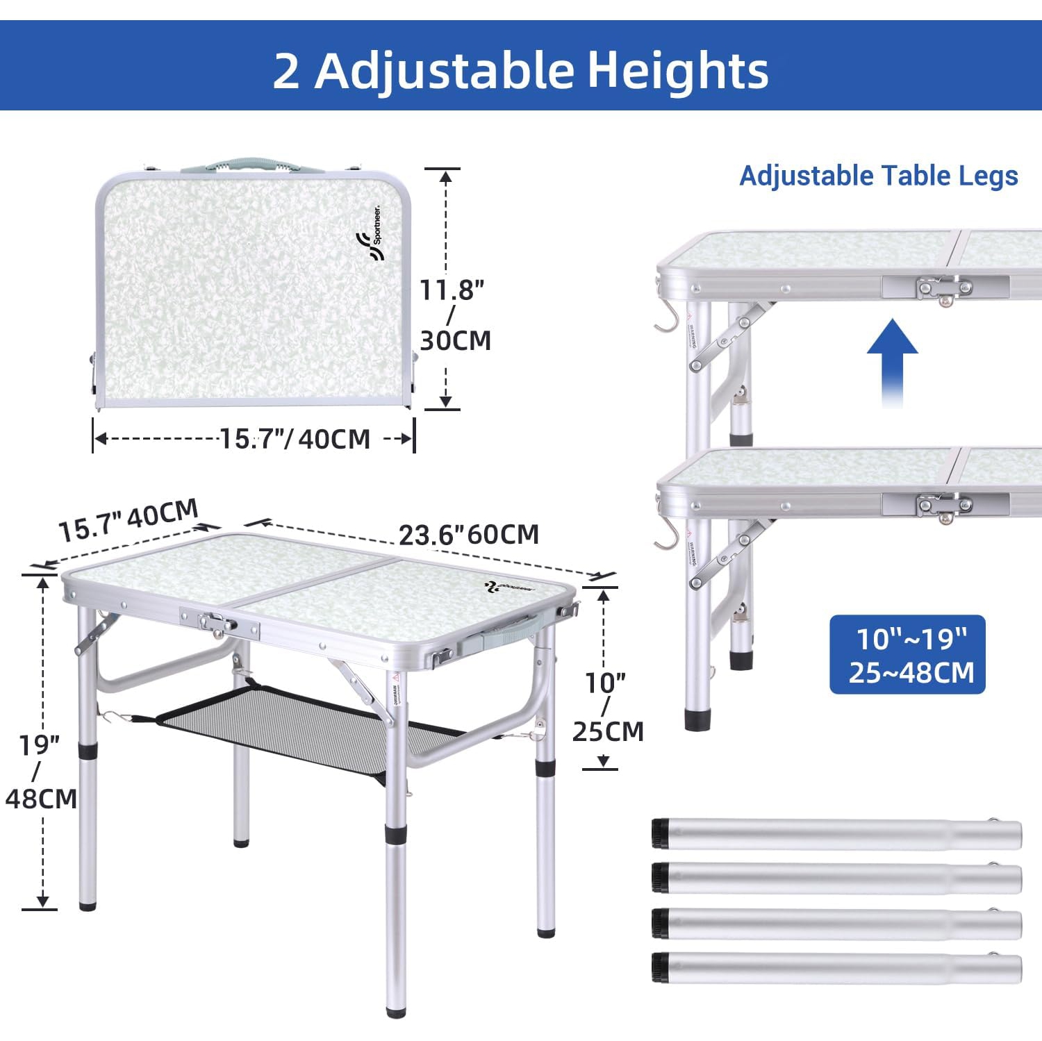 Table de camping pliante de PetginHome, table pliante ajustable Table de camping portative avec couche en filet pour le camping, le pique-nique et le
