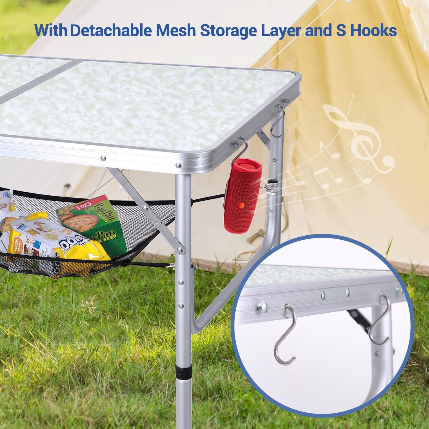 Table de camping pliante de PetginHome, table pliante ajustable Table de camping portative avec couche en filet pour le camping, le pique-nique et le