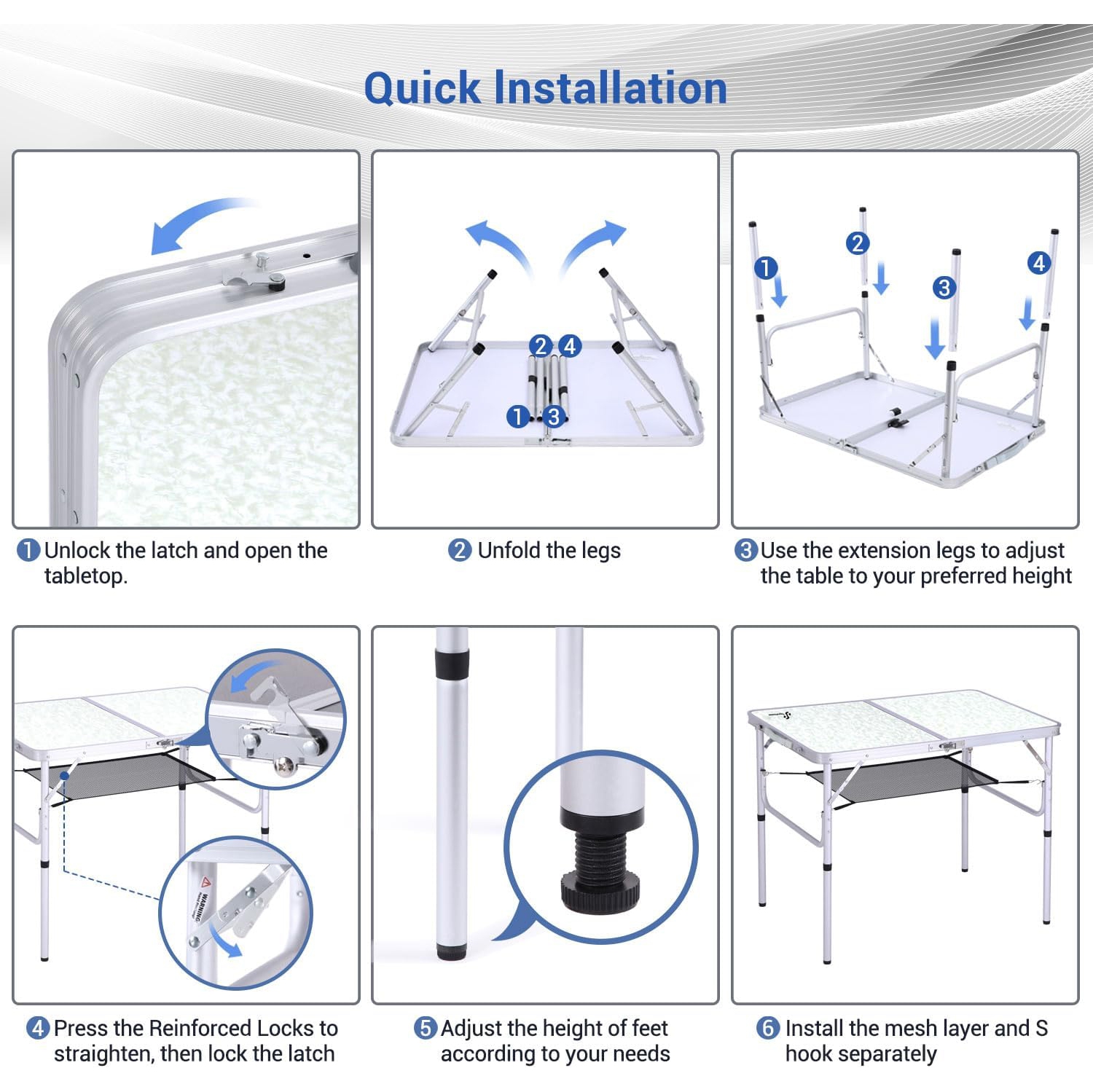 Table de camping pliante de PetginHome, table pliante ajustable Table de camping portative avec couche en filet pour le camping, le pique-nique et le