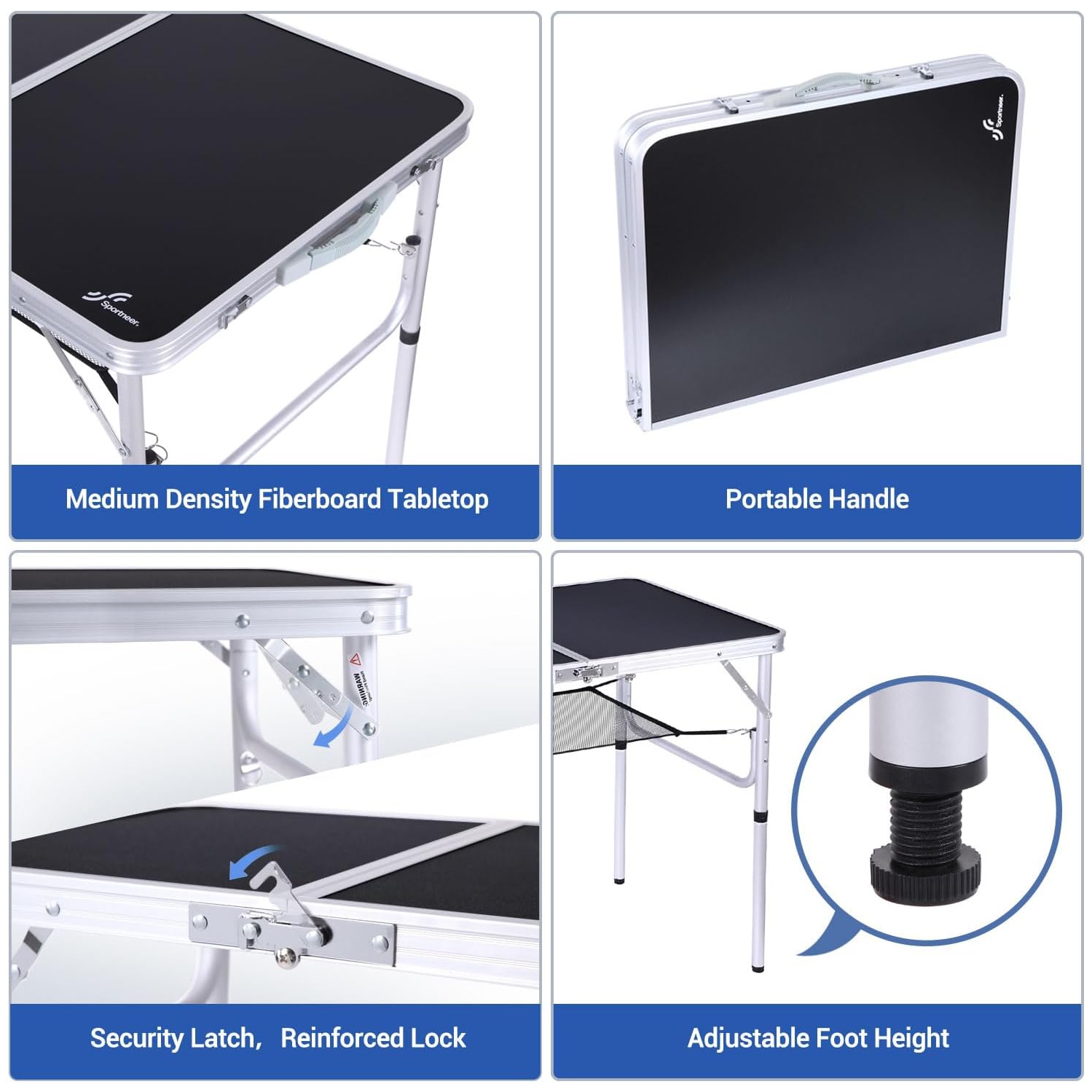 Table de camping pliante de PetginHome, table pliante ajustable Table de camping portative avec couche en filet pour le camping, le pique-nique et le