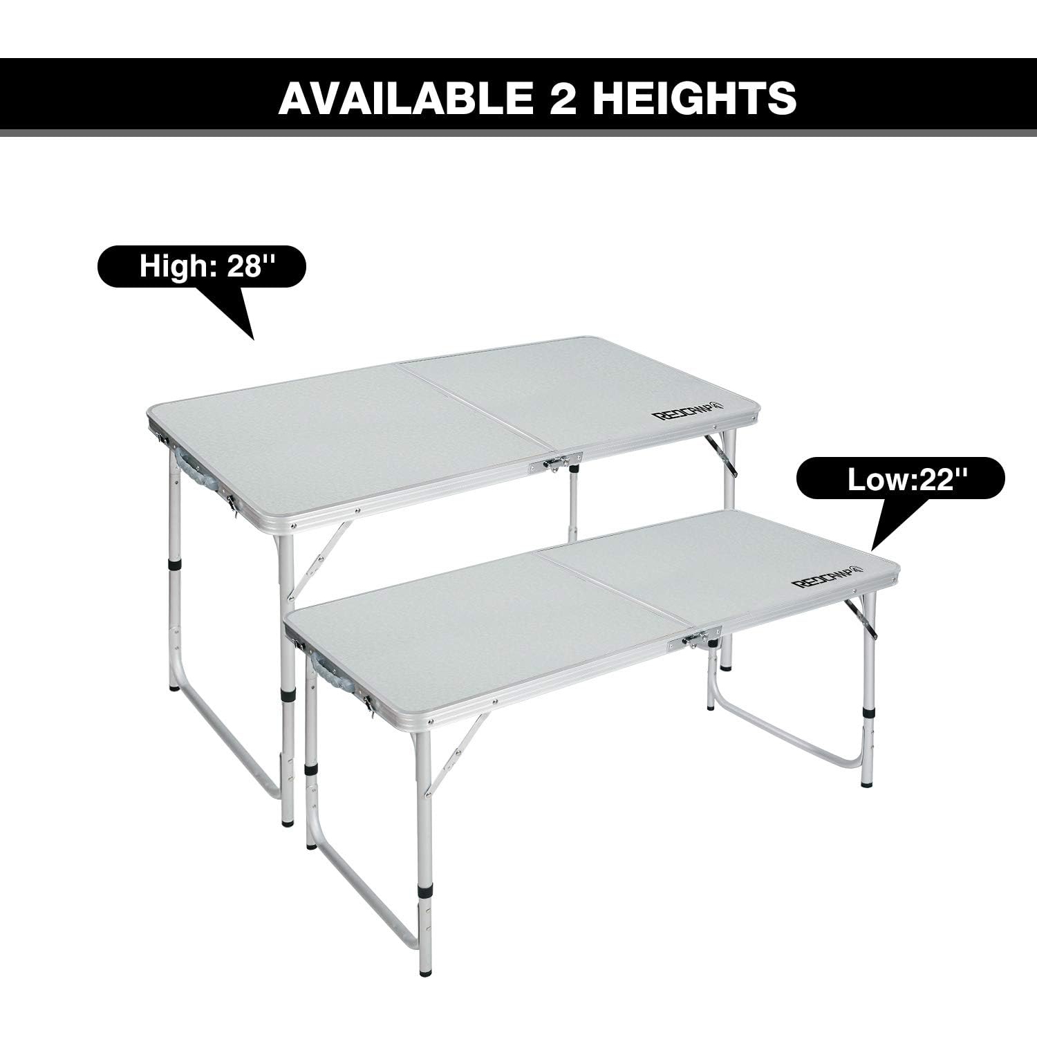 Table pliante de 4 pi de PetginHome, table pliable à hauteur réglable, table de camping légère et portative en aluminium, 2 hauteurs, 61D x