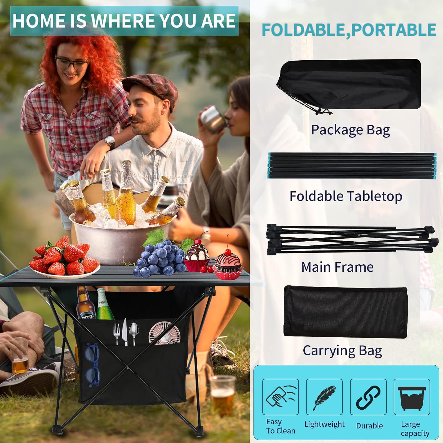 PetginHome Folding Table,Portable Camping Table Aluminum Beach Table with Carry Bag,Lightweight Folding Patio Table for BBQ,Picnic,Camping-Medium