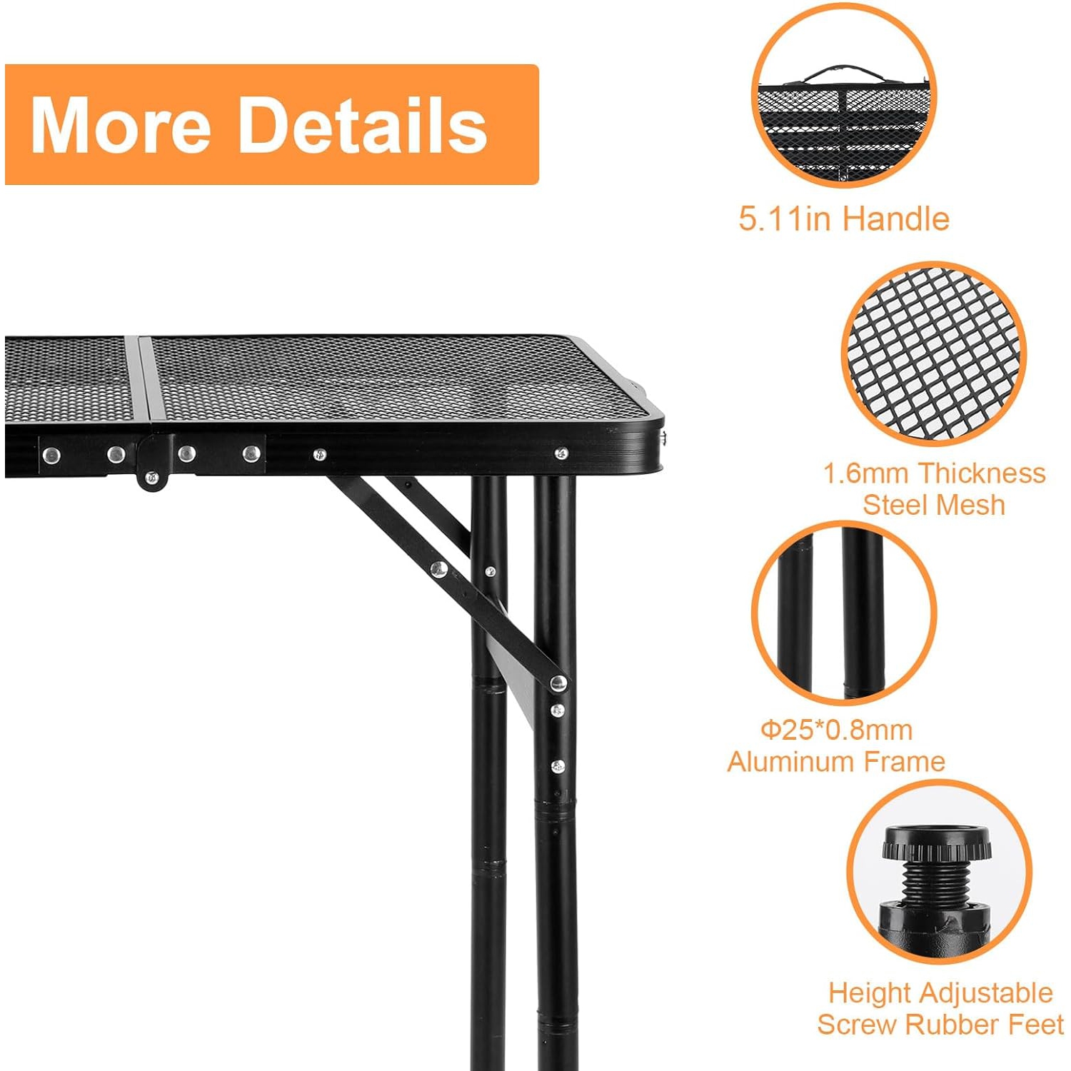 PetginHome Small Folding Table 2FT Foldable Camping Table Grill Table Picnic Portable Mesh 4 Height Adjustable for Picnic,Beach