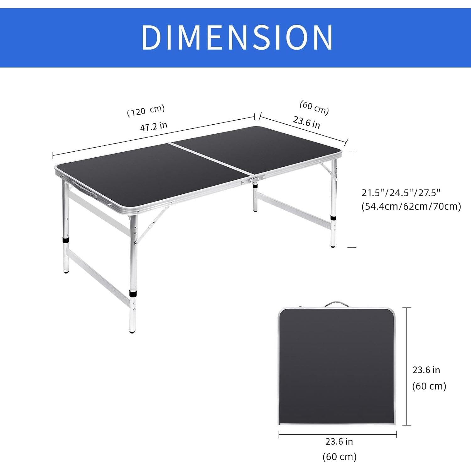 Petite table pliante de 4 pi Table de camping pliable Table de barbecue Table de pique-nique Portable Mesh 3 Hauteur réglable pour pique-nique, plage