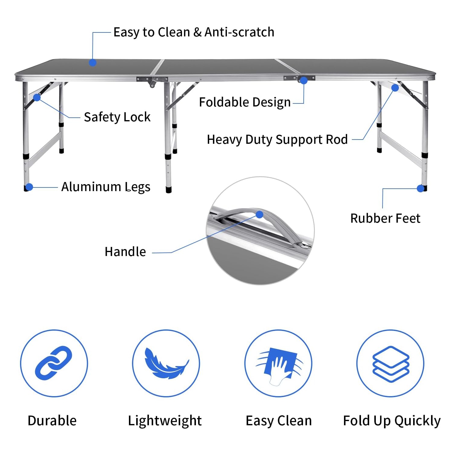 Petite table pliante de 6 pi Table de camping pliable Table de barbecue Table de pique-nique Portable Mesh 3 Hauteur réglable pour pique-nique, plage