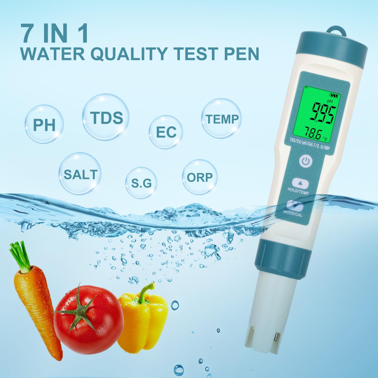 Testeur de salinité d'eau PH/TDS/EC/Sel/S.G/ORP/Tester de température Testeur d'eau salée pour piscines Aquariums d'eau potable - Vert