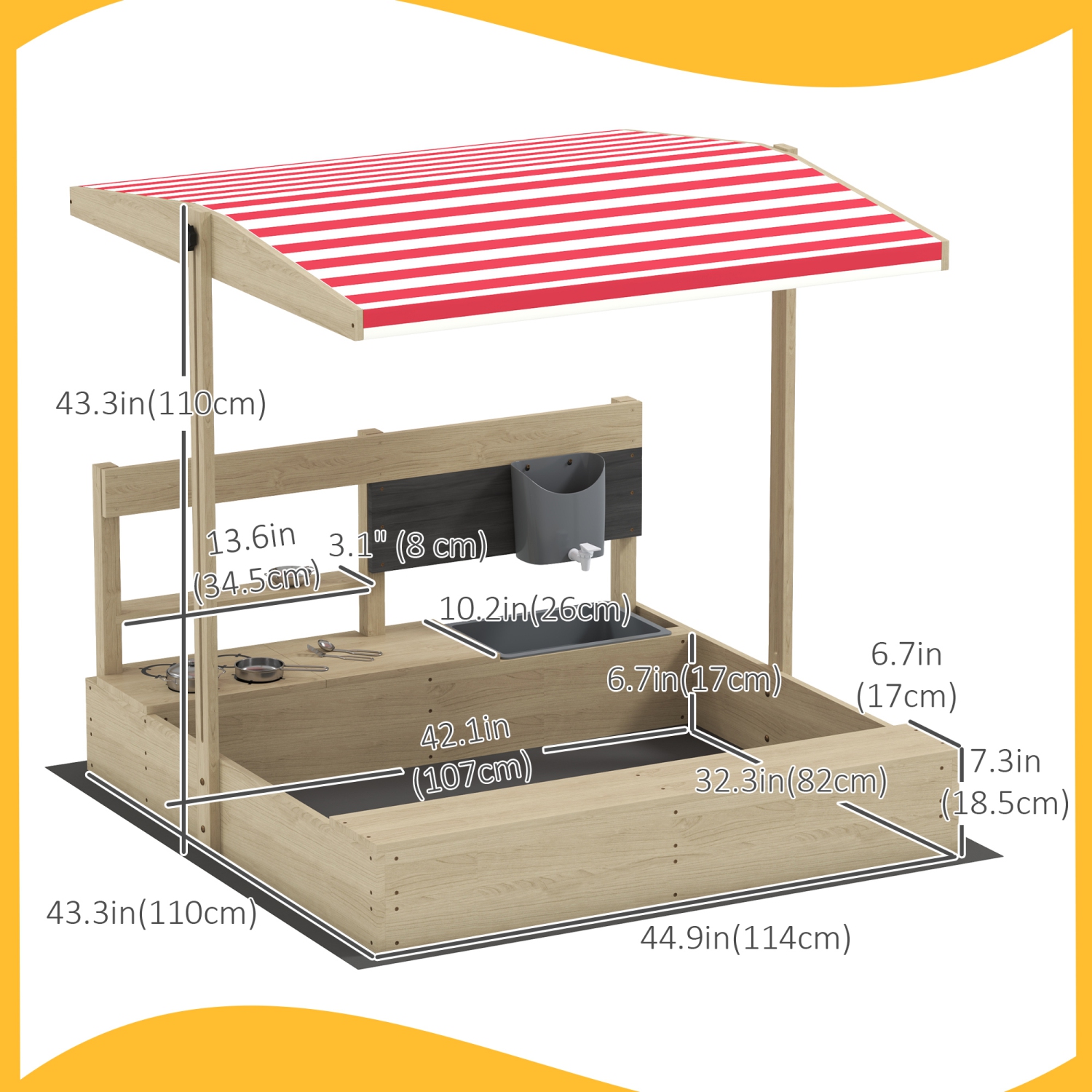 Outsunny Kids Sandbox with Cover, Wooden Sand Box with Adjustable Cover, Kitchen Playset Toys, Seat, Storage, Outdoor Sand Play for 3-7 Years Old, 45