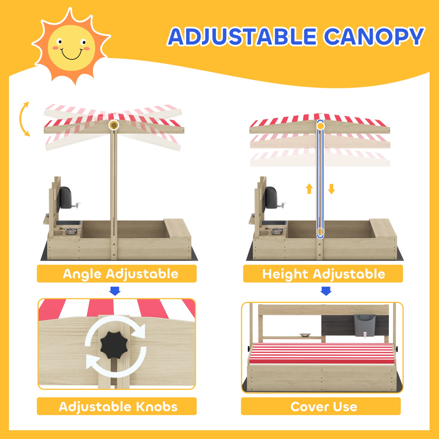 Outsunny Kids Sandbox with Cover, Wooden Sand Box with Adjustable Cover, Kitchen Playset Toys, Seat, Storage, Outdoor Sand Play for 3-7 Years Old, 45