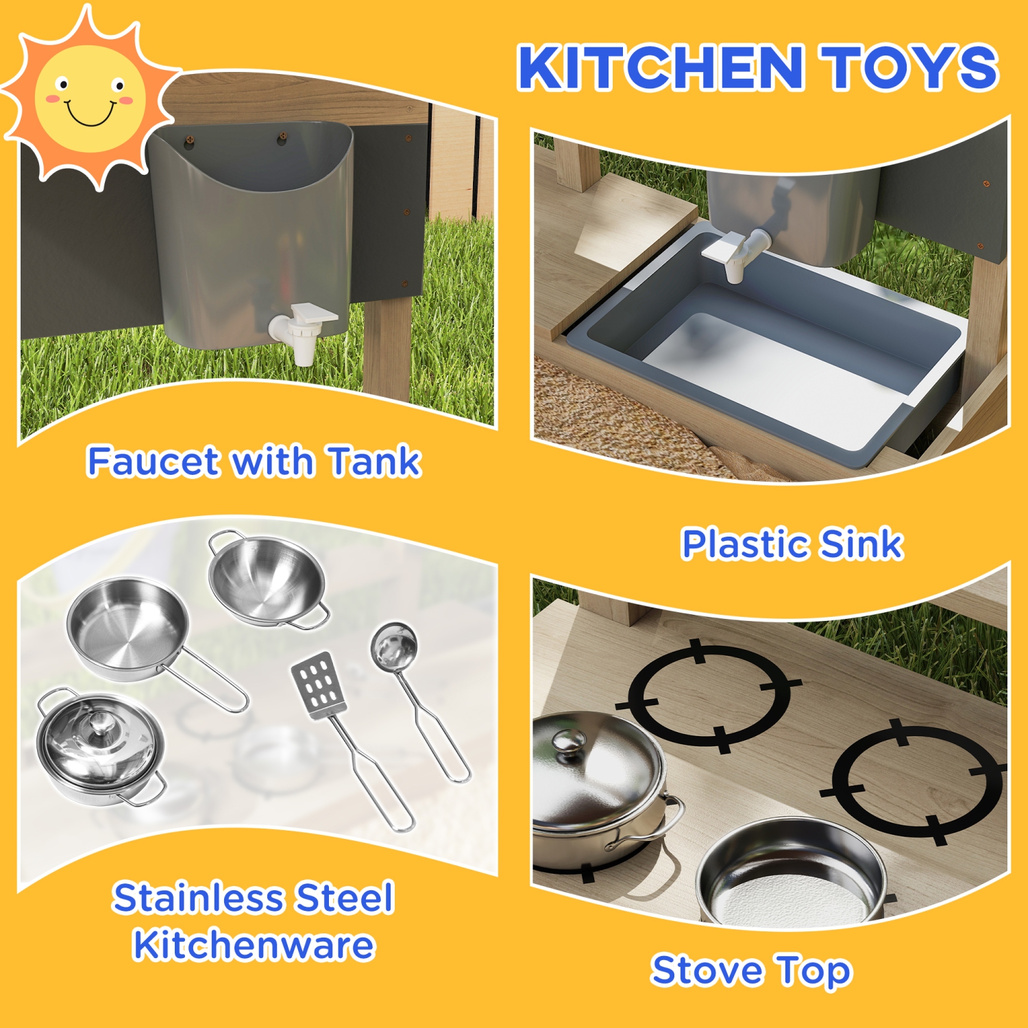 Outsunny Kids Sandbox with Cover, Wooden Sand Box with Adjustable Cover, Kitchen Playset Toys, Seat, Storage, Outdoor Sand Play for 3-7 Years Old, 45