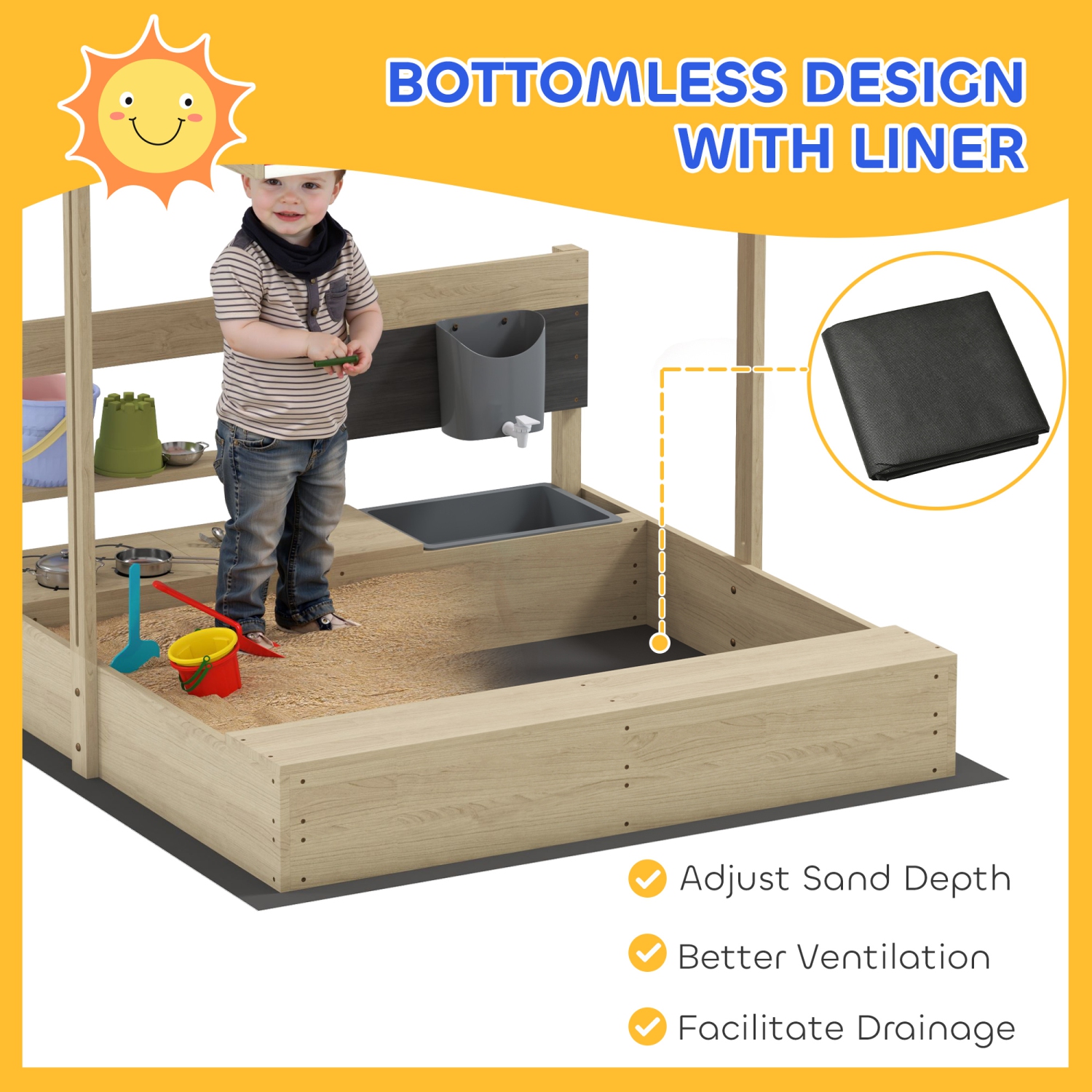 Outsunny Kids Sandbox with Cover, Wooden Sand Box with Adjustable Cover, Kitchen Playset Toys, Seat, Storage, Outdoor Sand Play for 3-7 Years Old, 45