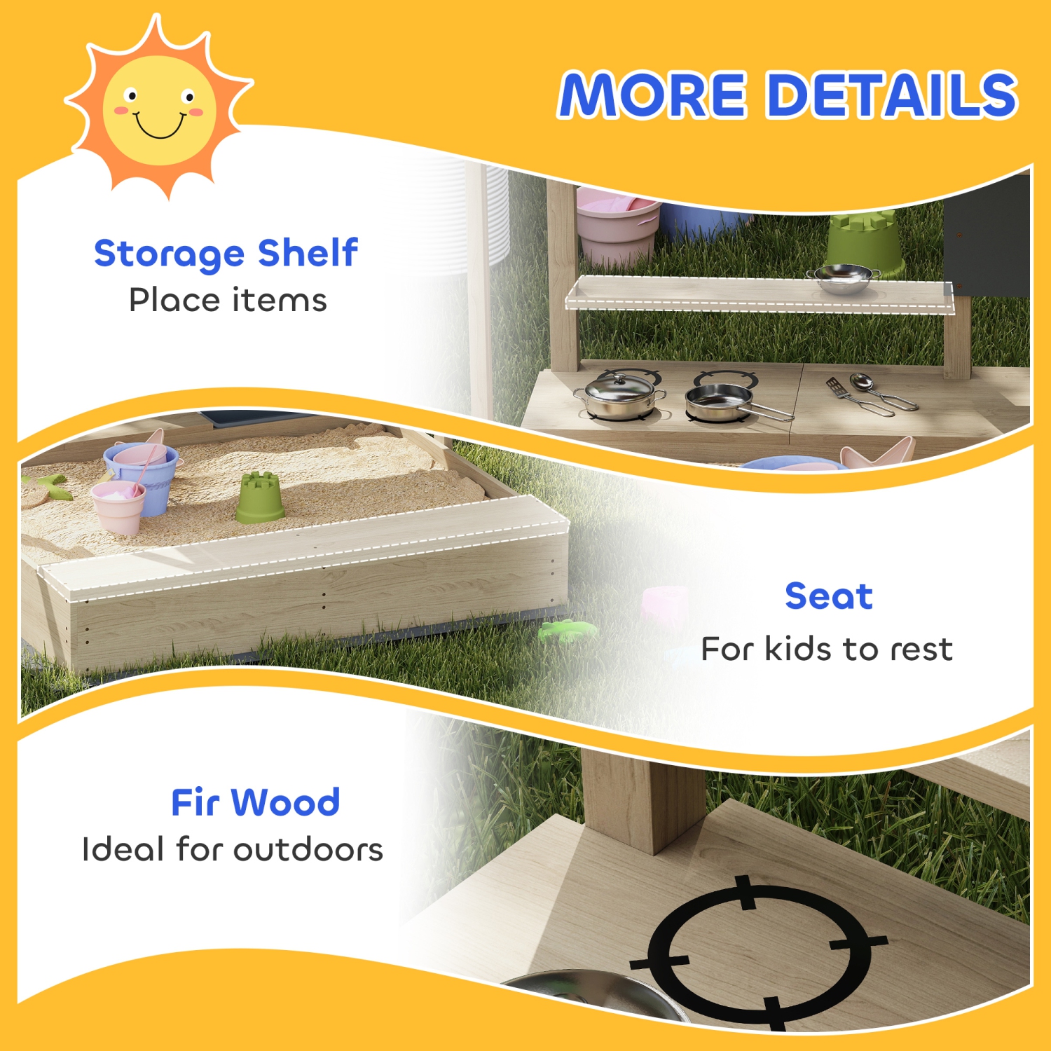 Outsunny Kids Sandbox with Cover, Wooden Sand Box with Adjustable Cover, Kitchen Playset Toys, Seat, Storage, Outdoor Sand Play for 3-7 Years Old, 45