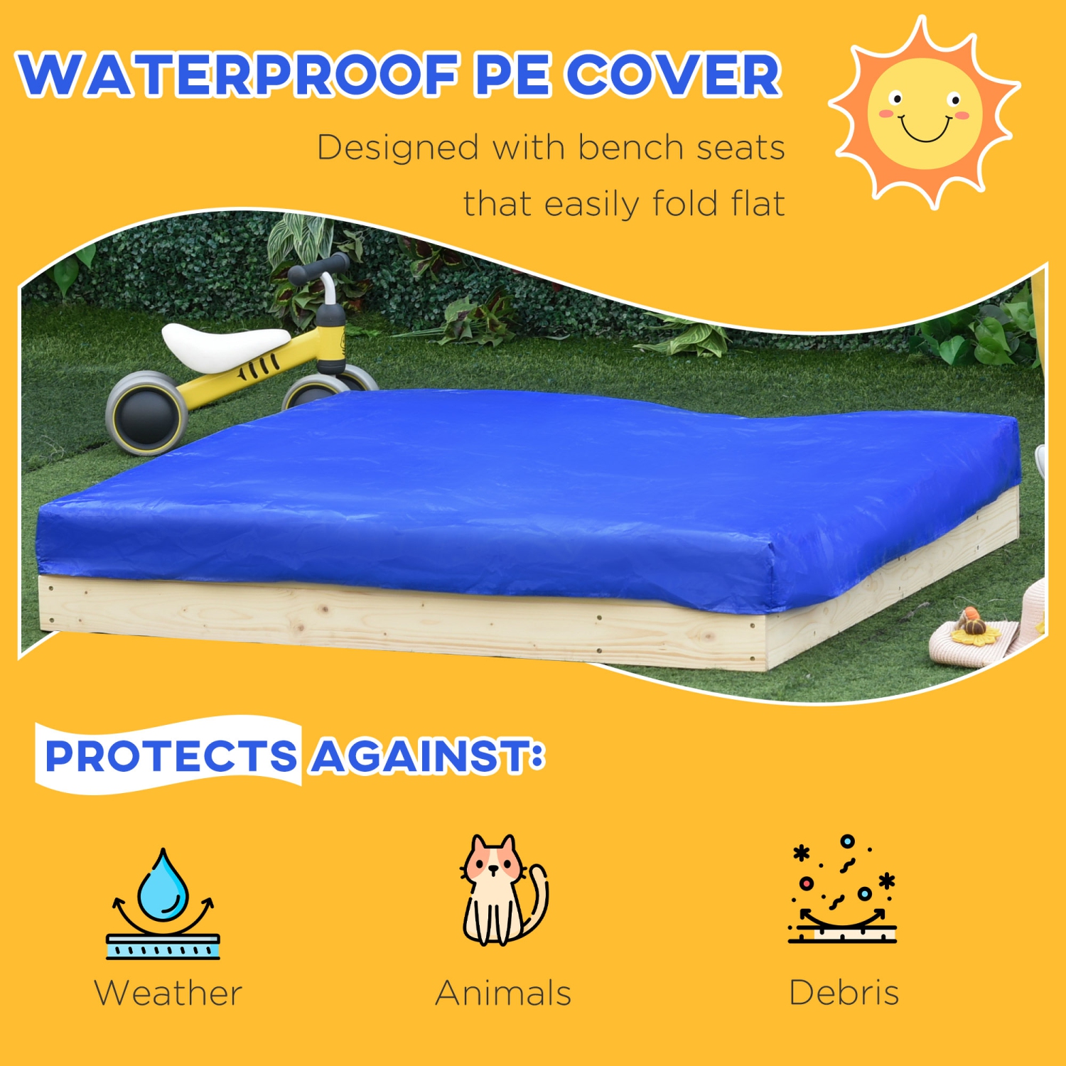 Bac à sable Outsunny Kids avec couvercle, boîte à sable en bois avec banc pliable, 2 boîtes en plastique, doublure inférieure, espace de rangement,