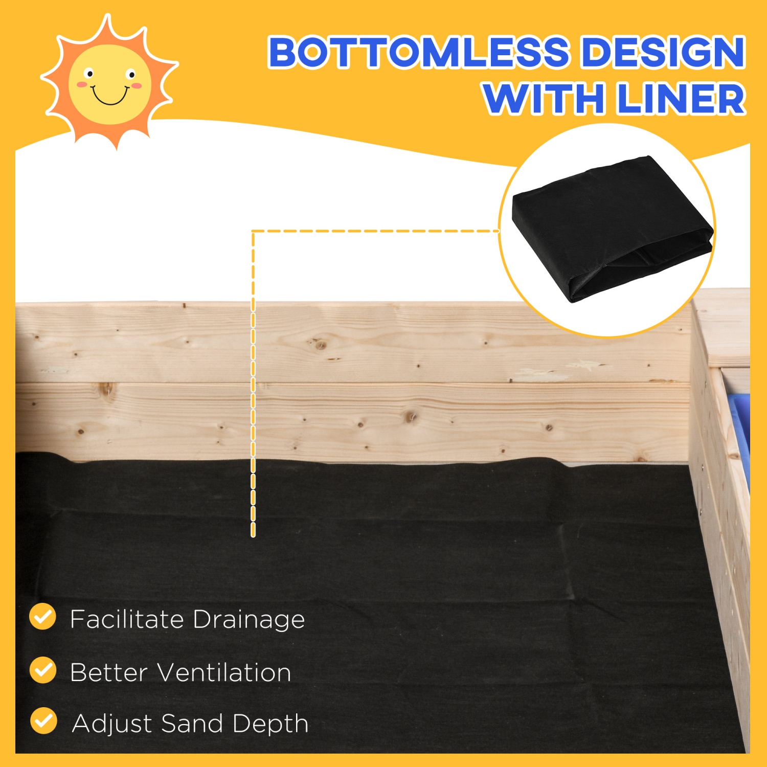 Bac à sable Outsunny Kids avec couvercle, boîte à sable en bois avec banc pliable, 2 boîtes en plastique, doublure inférieure, espace de rangement,