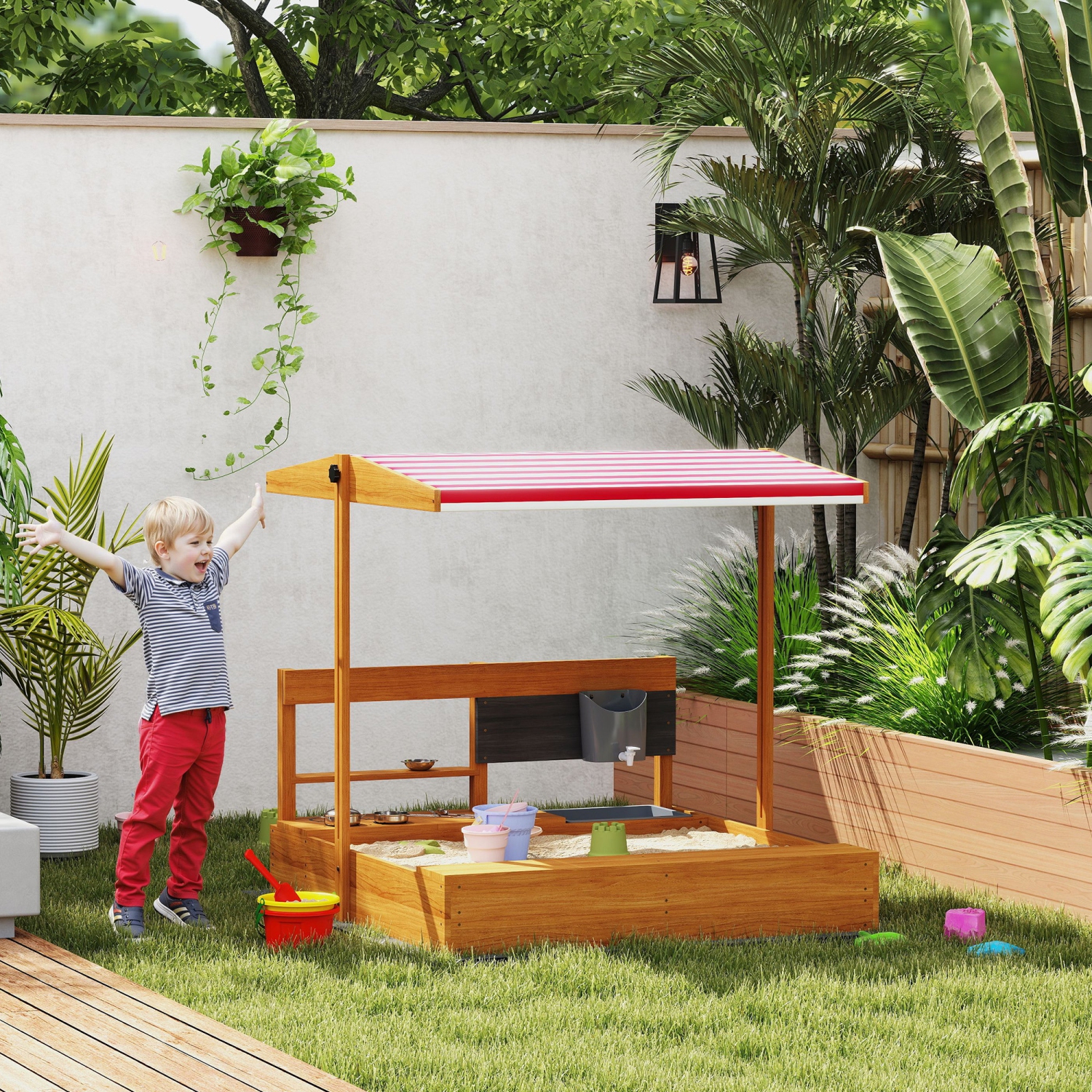 Outsunny Kids – Bac à sable avec couvercle, boîte à sable en bois avec couvercle ajustable, ensemble de jeu de cuisine, siège, rangement, jeu de