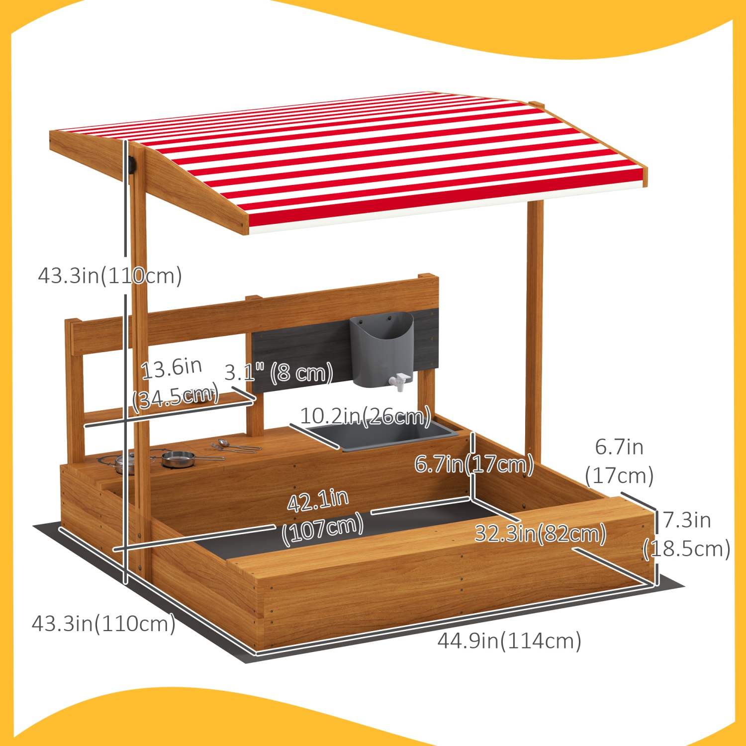 Outsunny Kids – Bac à sable avec couvercle, boîte à sable en bois avec couvercle ajustable, ensemble de jeu de cuisine, siège, rangement, jeu de