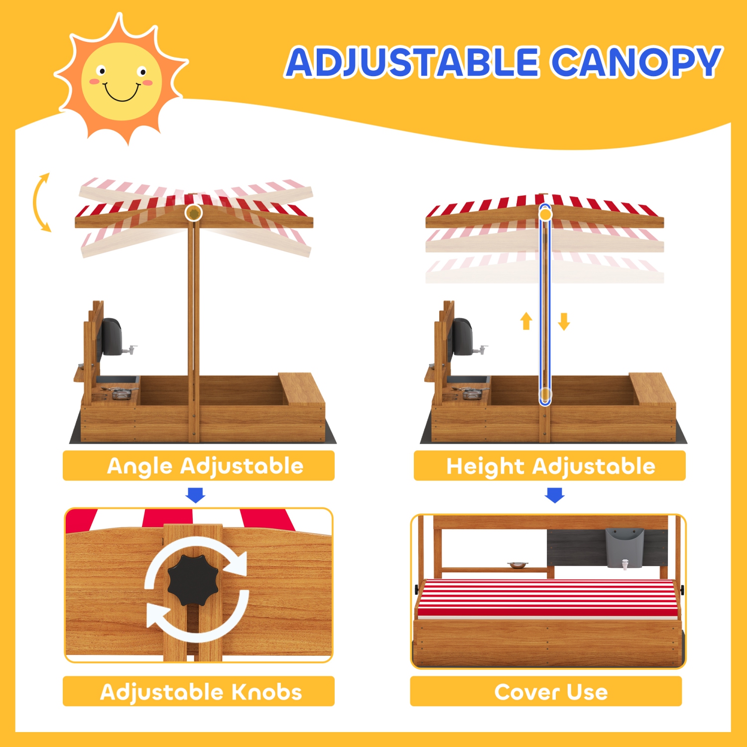 Outsunny Kids – Bac à sable avec couvercle, boîte à sable en bois avec couvercle ajustable, ensemble de jeu de cuisine, siège, rangement, jeu de