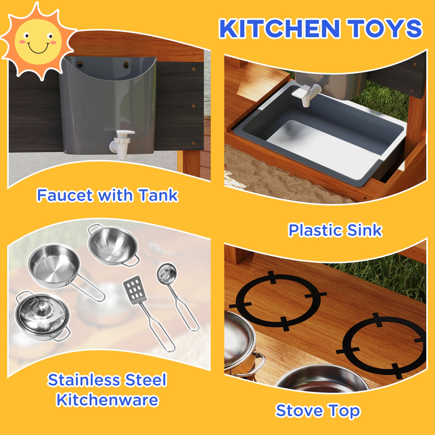 Outsunny Kids – Bac à sable avec couvercle, boîte à sable en bois avec couvercle ajustable, ensemble de jeu de cuisine, siège, rangement, jeu de