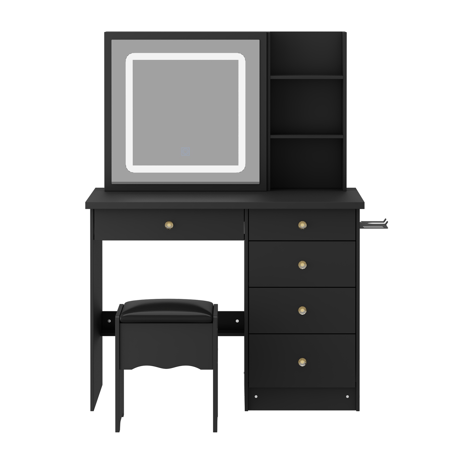 Homsee Vanity Desk Set with Large Sliding Lighted Mirror, 5 Drawers, Storage Shelves & Cushioned Stool, Black