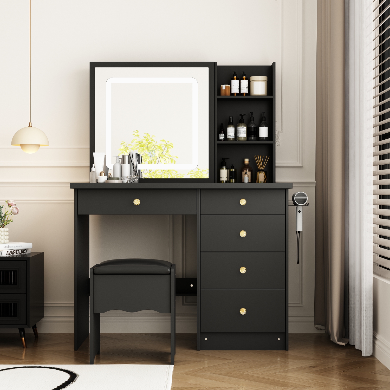 Homsee Vanity Desk Set with Large Sliding Lighted Mirror, 5 Drawers, Storage Shelves & Cushioned Stool, Black