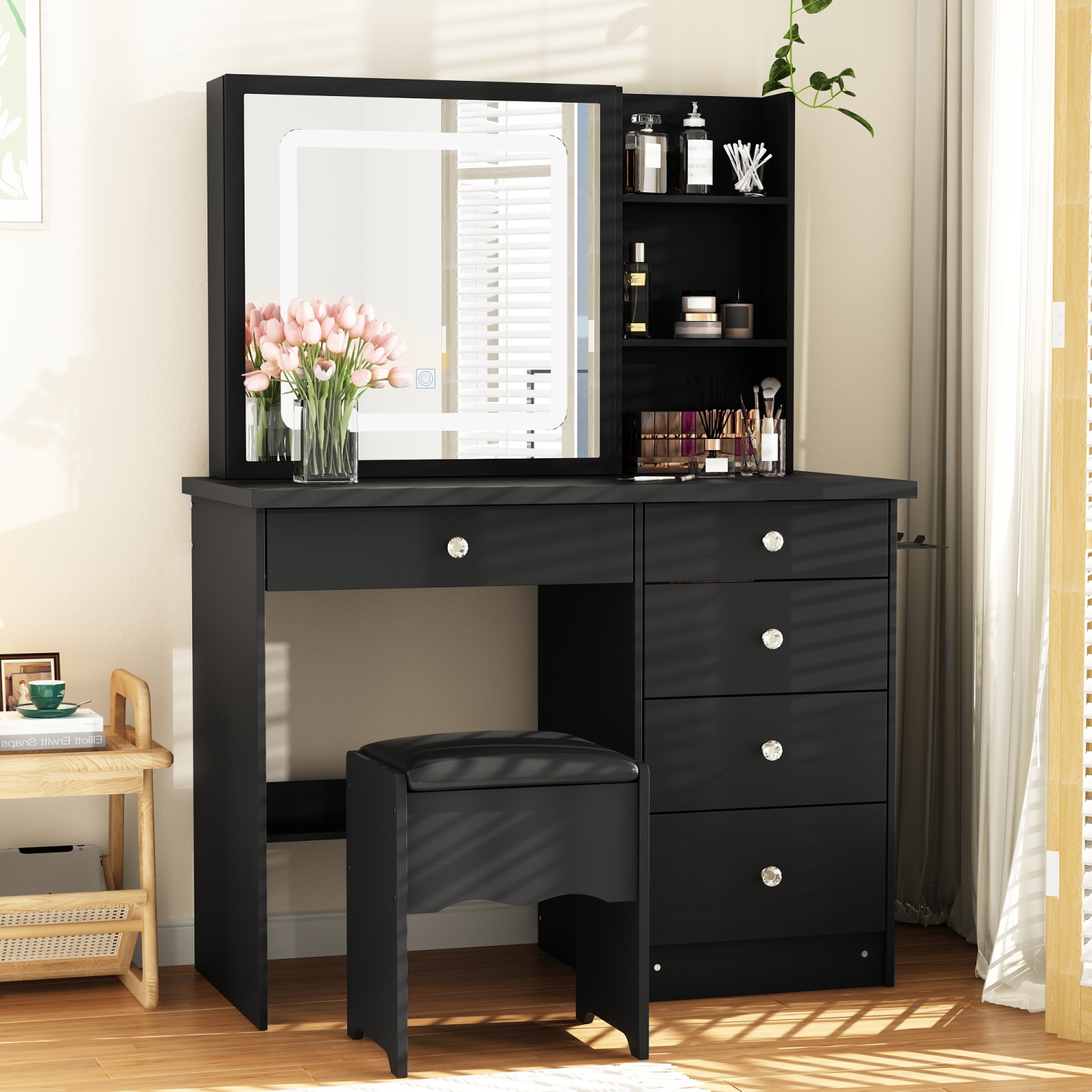 Homsee Vanity Desk Set with Large Sliding Lighted Mirror, 5 Drawers, Storage Shelves & Cushioned Stool, Black