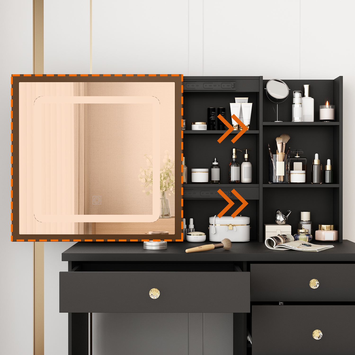 Homsee Vanity Desk Set with Large Sliding Lighted Mirror, 5 Drawers, Storage Shelves & Cushioned Stool, Black