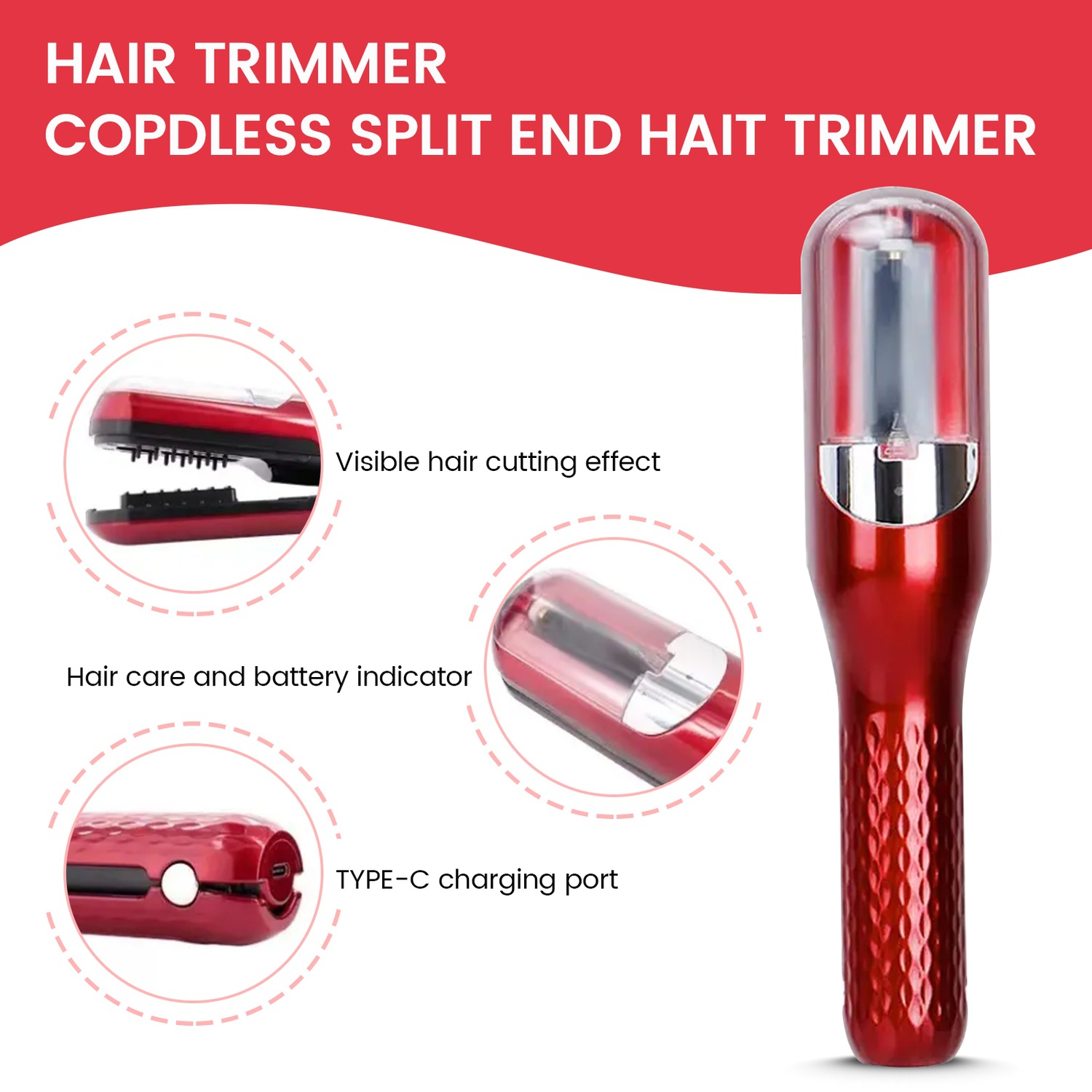 Cordless Hair Split End Remover USB Straighten Hair Automatic Hair Clipper Hair Fork Trimmer Electric Hair Trimmer-Red