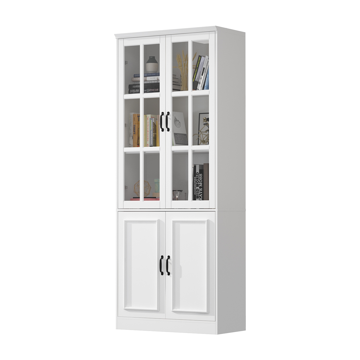 Homsee Tall Bookcase Bookshelf with 5 Storage Shelves & 2 Glass Doors, Wooden Display Storage Cabinet for Home Office & Living Room , White