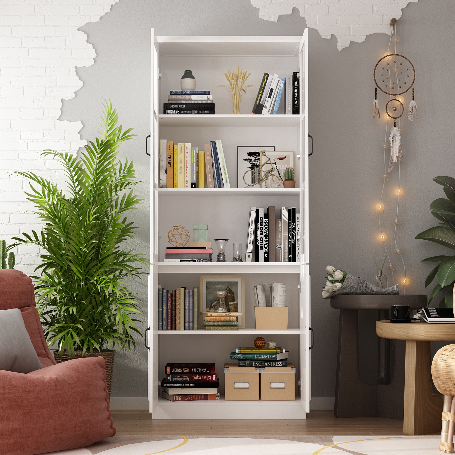 Homsee Tall Bookcase Bookshelf with 5 Storage Shelves & 2 Glass Doors, Wooden Display Storage Cabinet for Home Office & Living Room , White