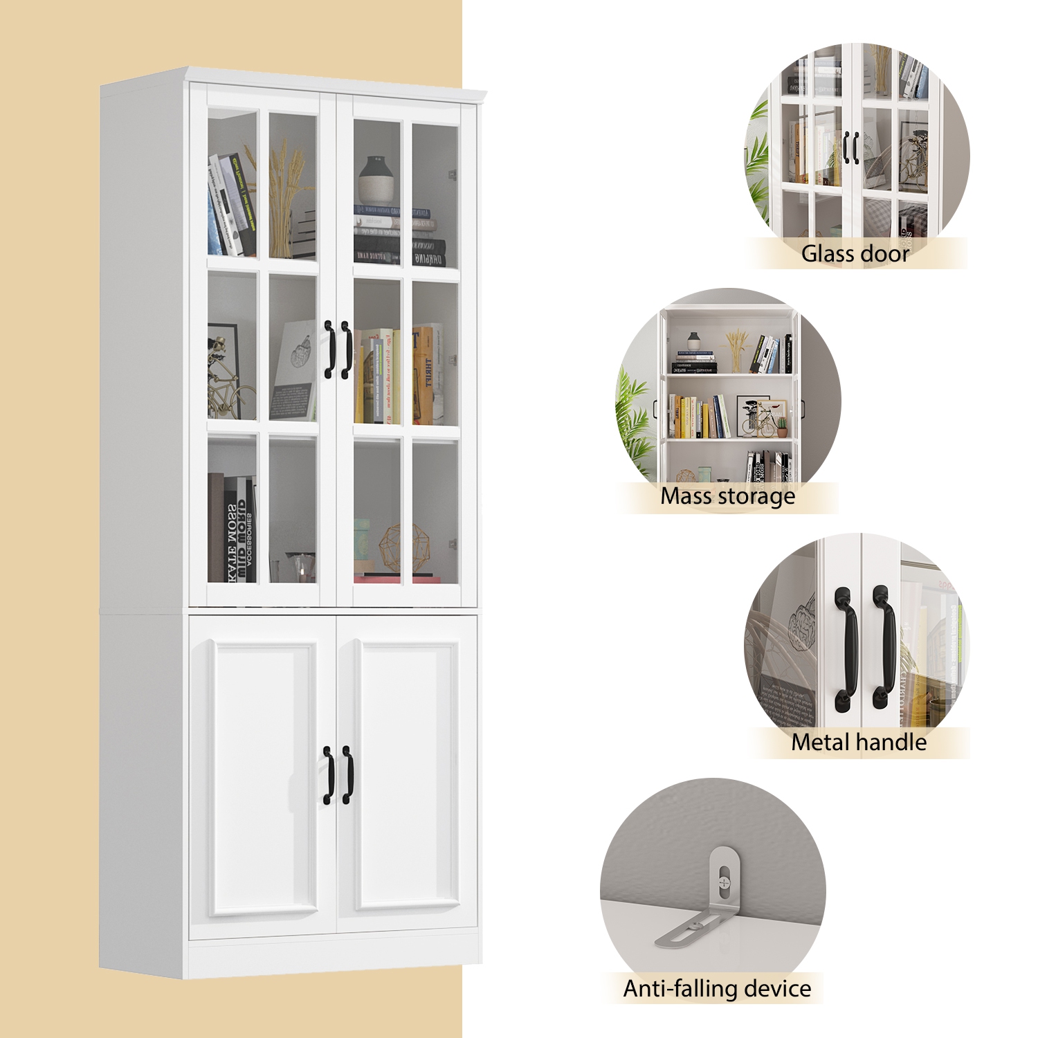 Homsee Tall Bookcase Bookshelf with 5 Storage Shelves & 2 Glass Doors, Wooden Display Storage Cabinet for Home Office & Living Room , White