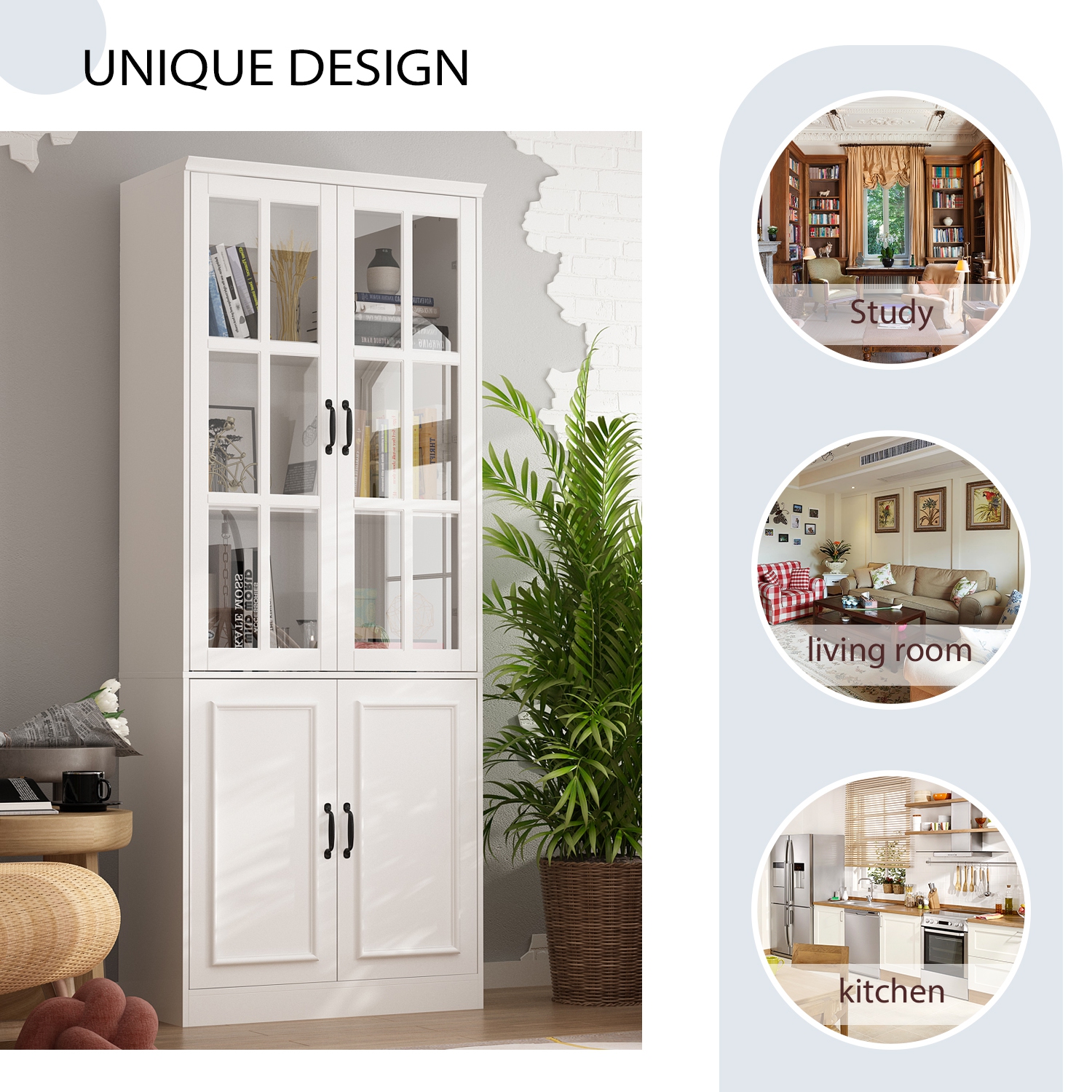 Homsee Tall Bookcase Bookshelf with 5 Storage Shelves & 2 Glass Doors, Wooden Display Storage Cabinet for Home Office & Living Room , White