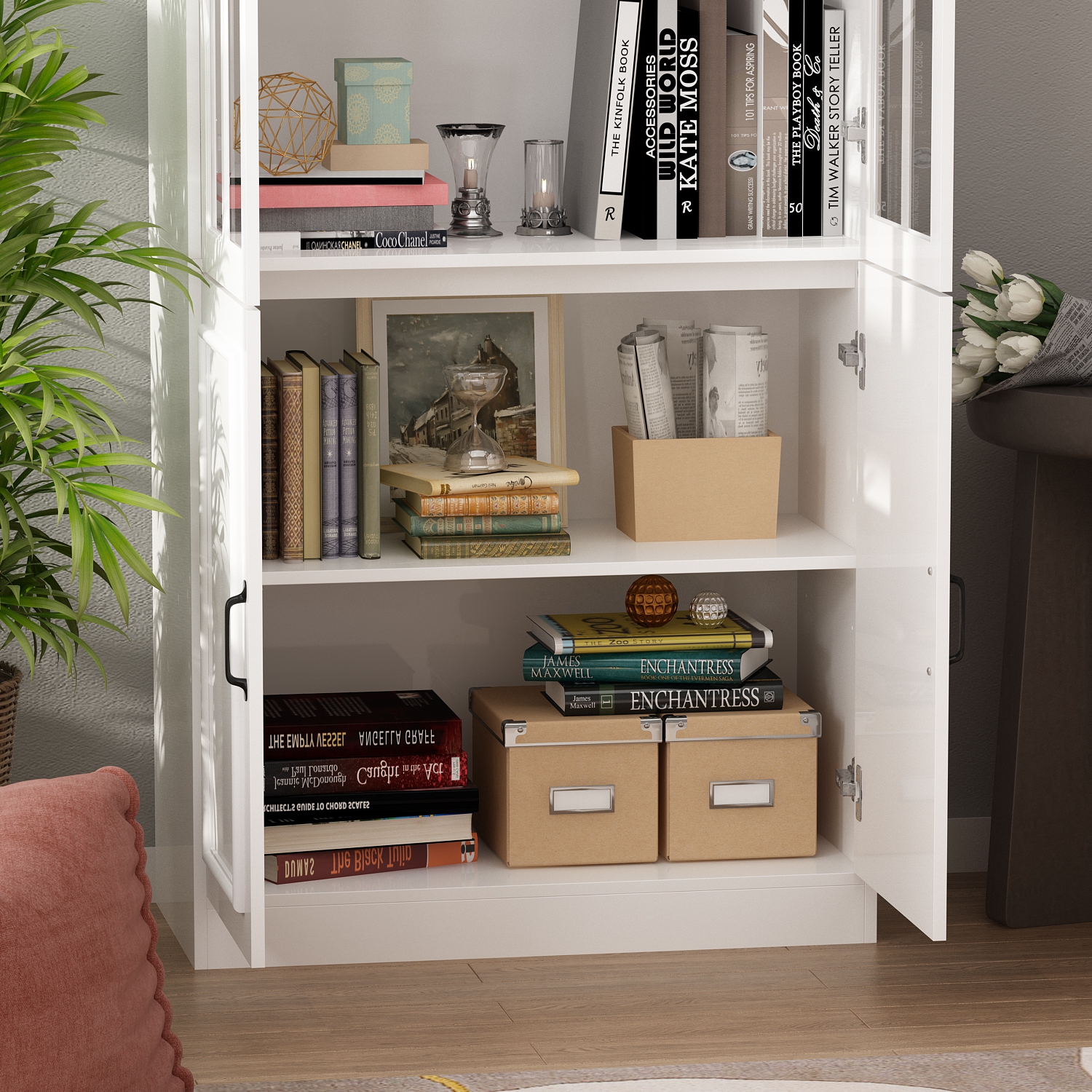 Homsee Tall Bookcase Bookshelf with 5 Storage Shelves & 2 Glass Doors, Wooden Display Storage Cabinet for Home Office & Living Room , White