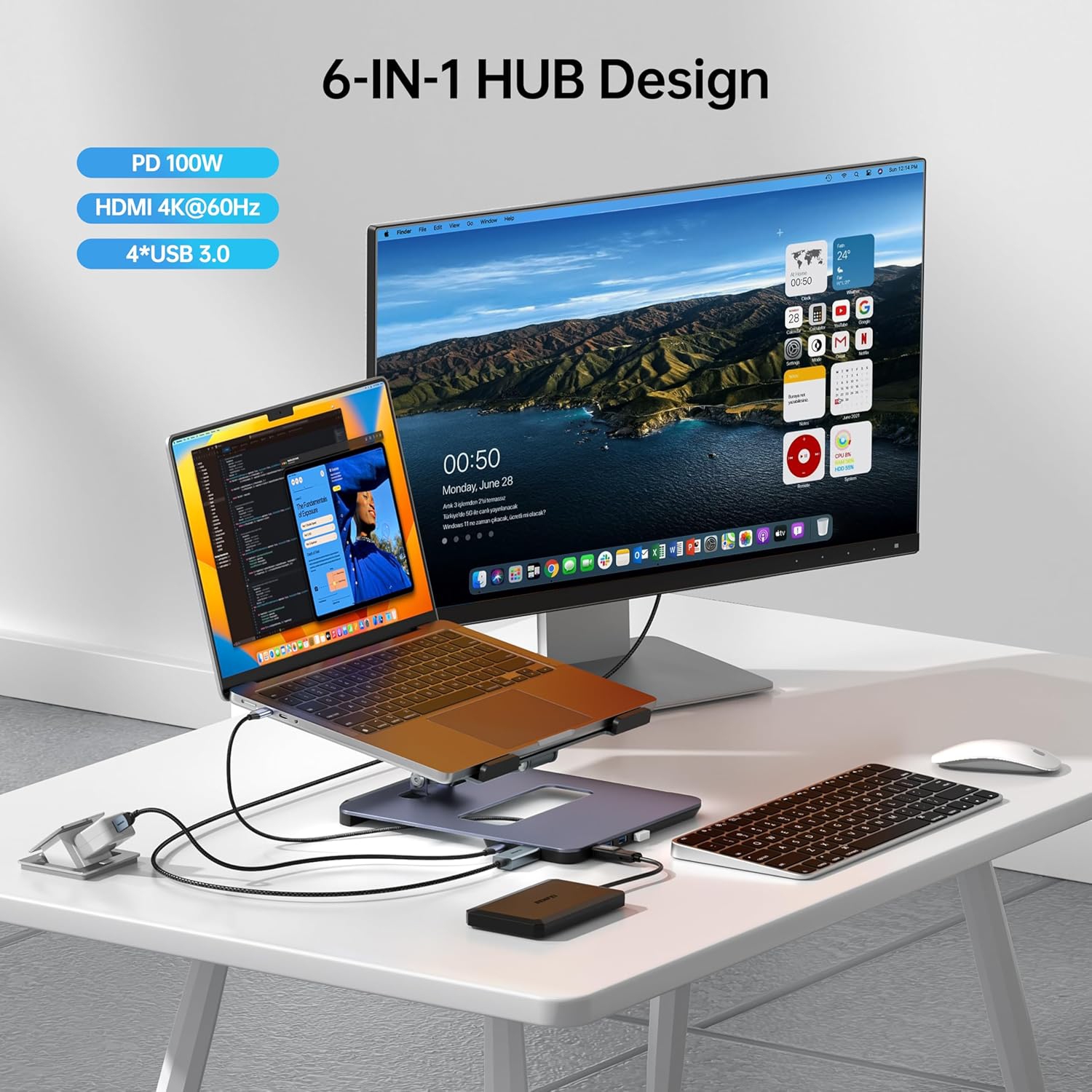 BENFEI Laptop Stand with USB C 6in1 Docking Station, HDMI 4K@60Hz, 4*USB3.0, 100W PD Compatible with MacBook Pro/Air, iPad Pro, XPS, Thinkpad