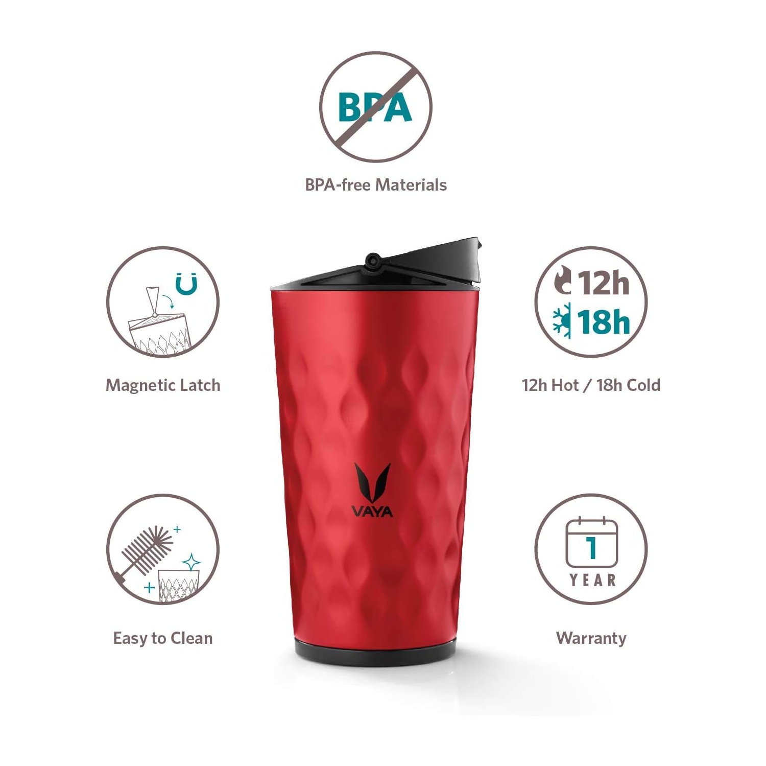 Bouteille d'eau 3 en 1 thermoSteel DRYNK 350 ml de VAYA pour Gulper et Sipper avec 2 tasses, bouteille ThermoSteel, rouge