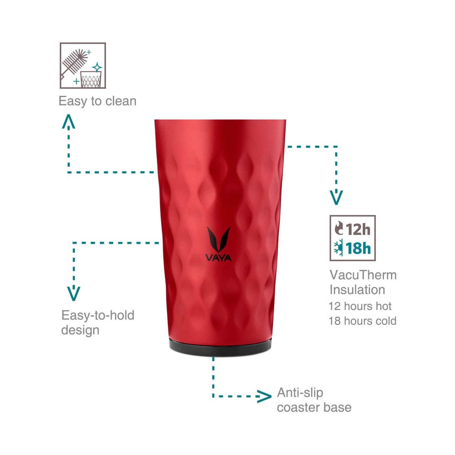 Bouteille d'eau 3 en 1 thermoSteel DRYNK 350 ml de VAYA pour Gulper et Sipper avec 2 tasses, bouteille ThermoSteel, rouge