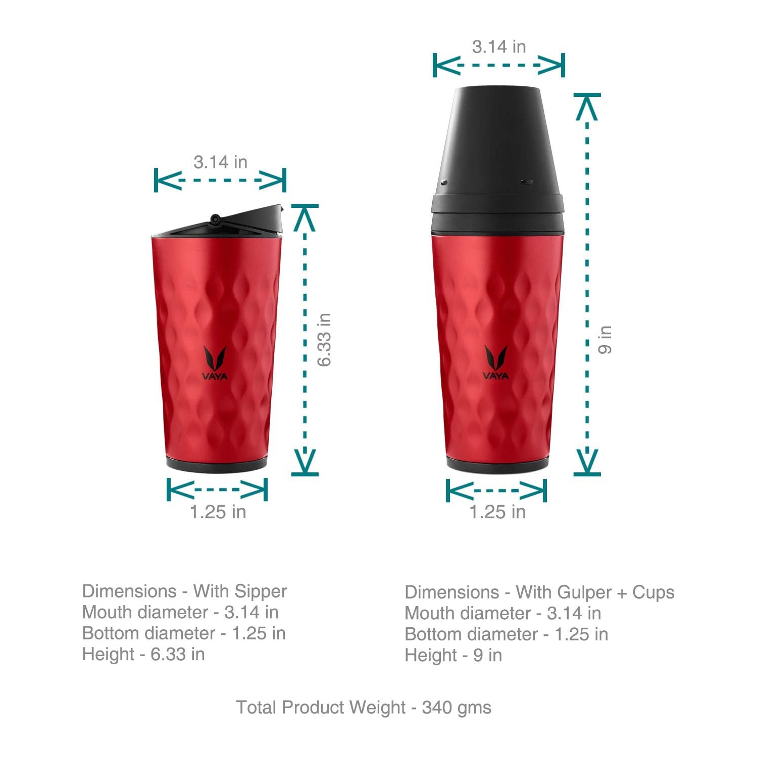 Bouteille d'eau 3 en 1 thermoSteel DRYNK 350 ml de VAYA pour Gulper et Sipper avec 2 tasses, bouteille ThermoSteel, rouge