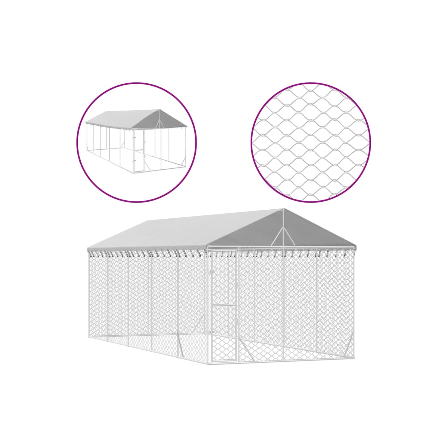 Fenouil pour chien d'extérieur vidaXL avec toit argenté 3x7,5x2.5&nbsp;m acier galvanisé