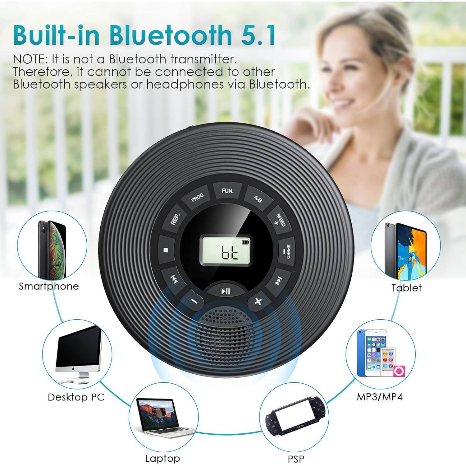 Lecteur CD portatif pour l'auto, lecteur CD Bluetooth avec haut-parleur, prise en charge de la lecture auxiliaire MP3 USB, lecteurs CD personnels