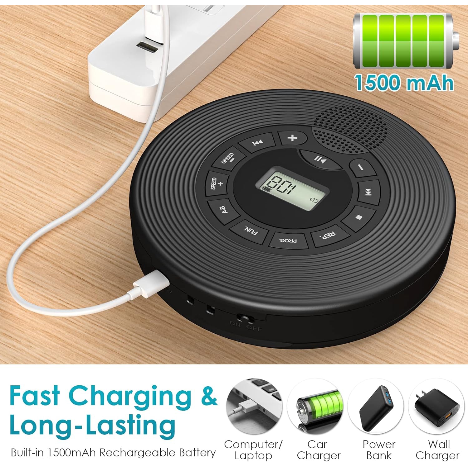 Lecteur CD portatif pour l'auto, lecteur CD Bluetooth avec haut-parleur, prise en charge de la lecture auxiliaire MP3 USB, lecteurs CD personnels