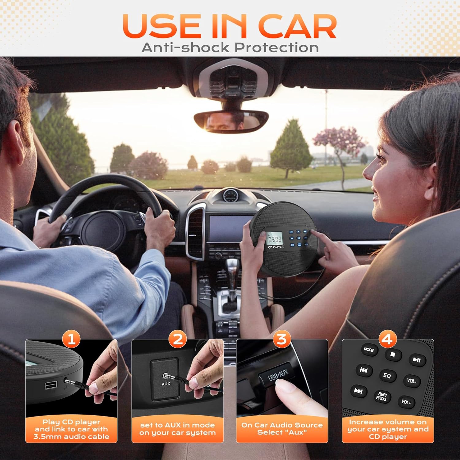 Lecteur CD portatif avec haut-parleurs, lecteur CD Walkman rechargeable pour la maison de voiture, lecteur CD avec casque d'écoute, lecteur MP3/livre