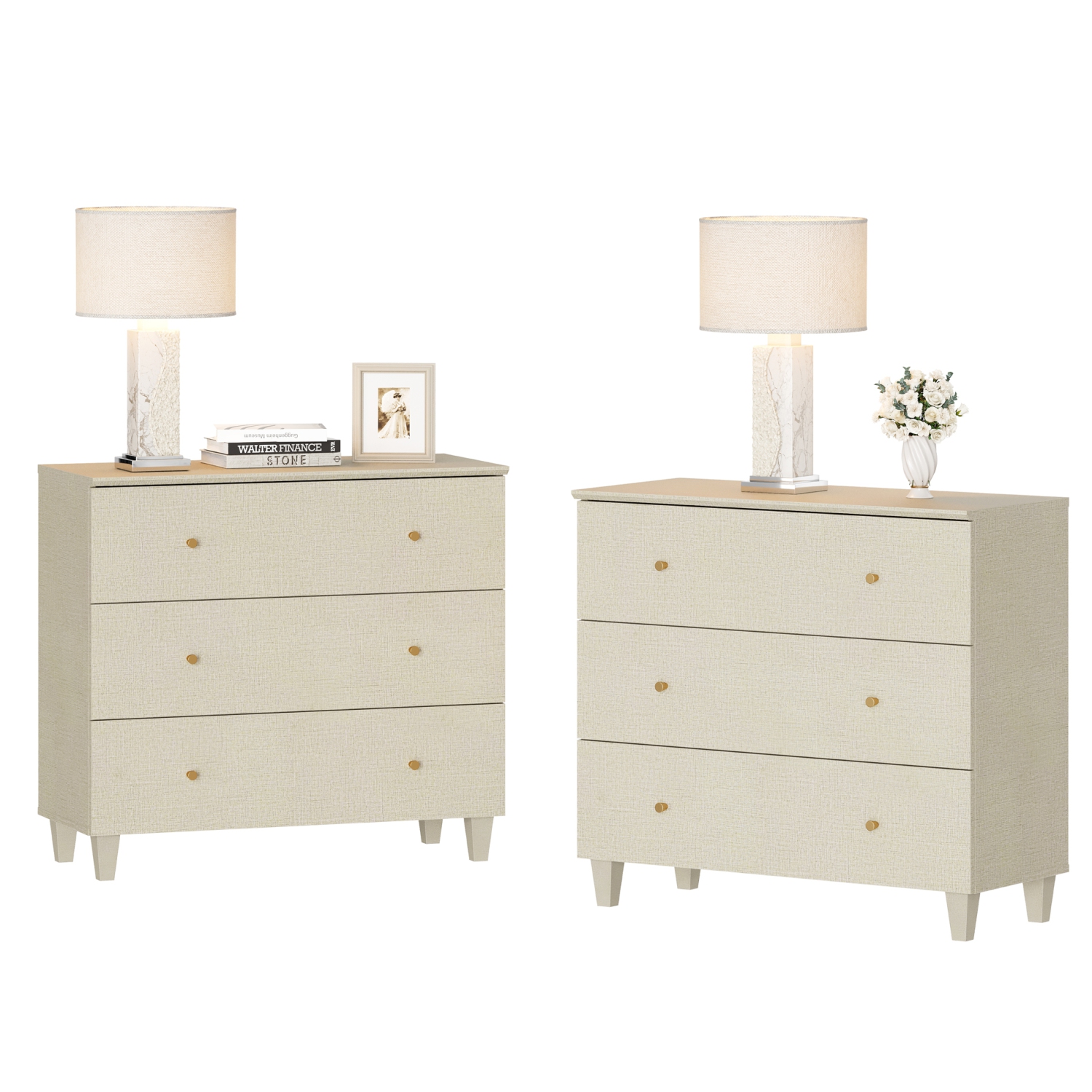WAMPAT Set of 2 Nightstands with 3 Wide Drawers for Bedroom, Modern Wood Bedside Tables Chest Dressers Tall Night Stands, Large Sofa Side End Tables