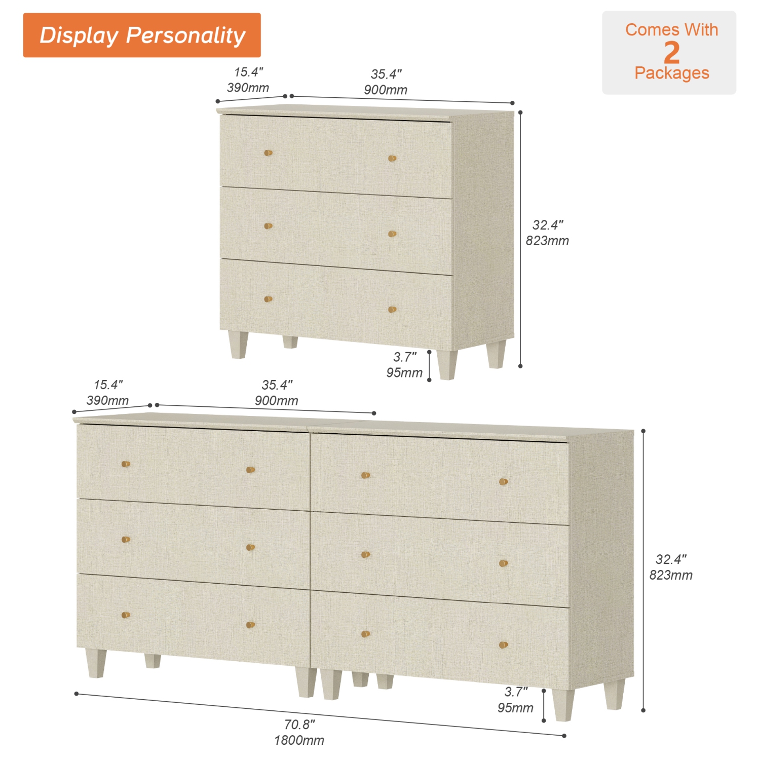 WAMPAT Set of 2 Nightstands with 3 Wide Drawers for Bedroom, Modern Wood Bedside Tables Chest Dressers Tall Night Stands, Large Sofa Side End Tables