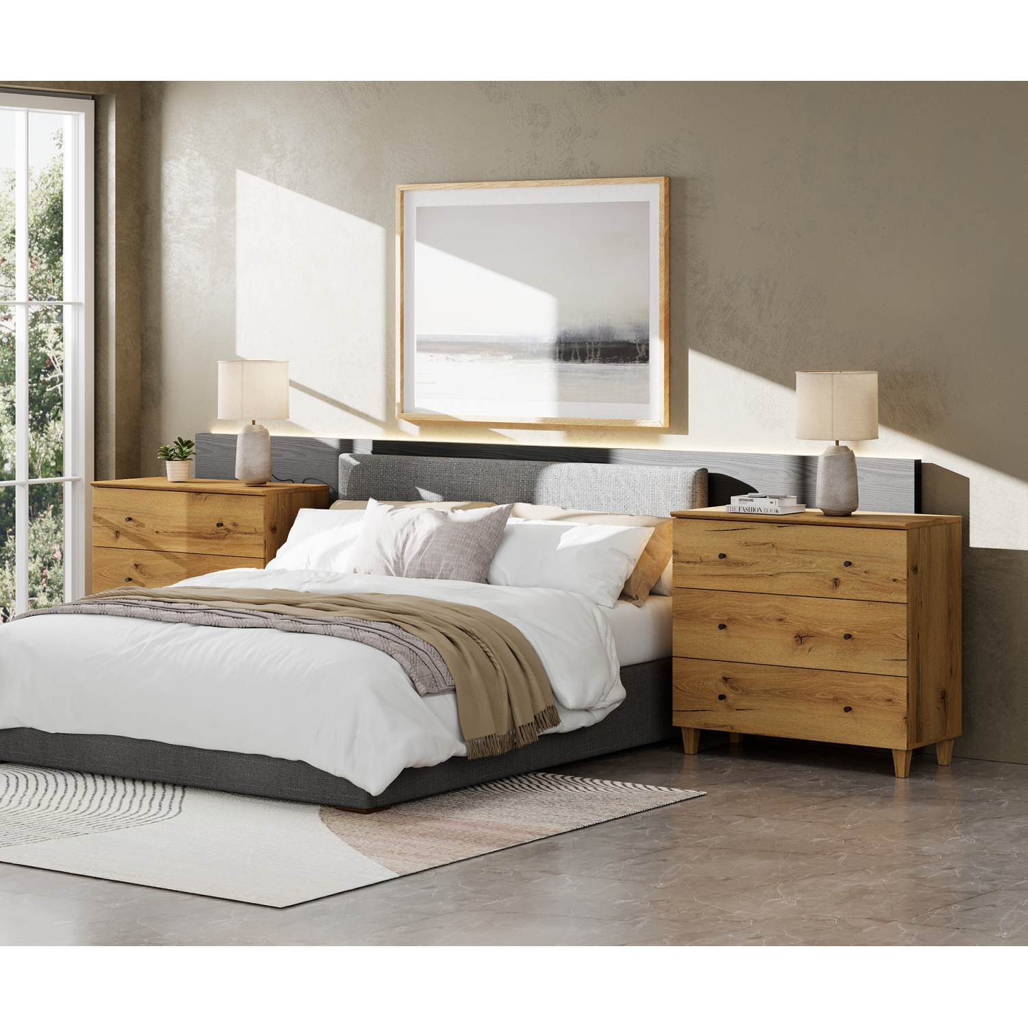 WAMPAT Set of 2 Nightstands with 3 Wide Drawers for Bedroom, Modern Wood Bedside Tables Chest Dressers Tall Night Stands, Large Sofa Side End Tables