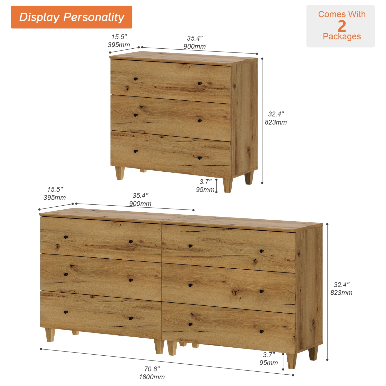 WAMPAT Set of 2 Nightstands with 3 Wide Drawers for Bedroom, Modern Wood Bedside Tables Chest Dressers Tall Night Stands, Large Sofa Side End Tables